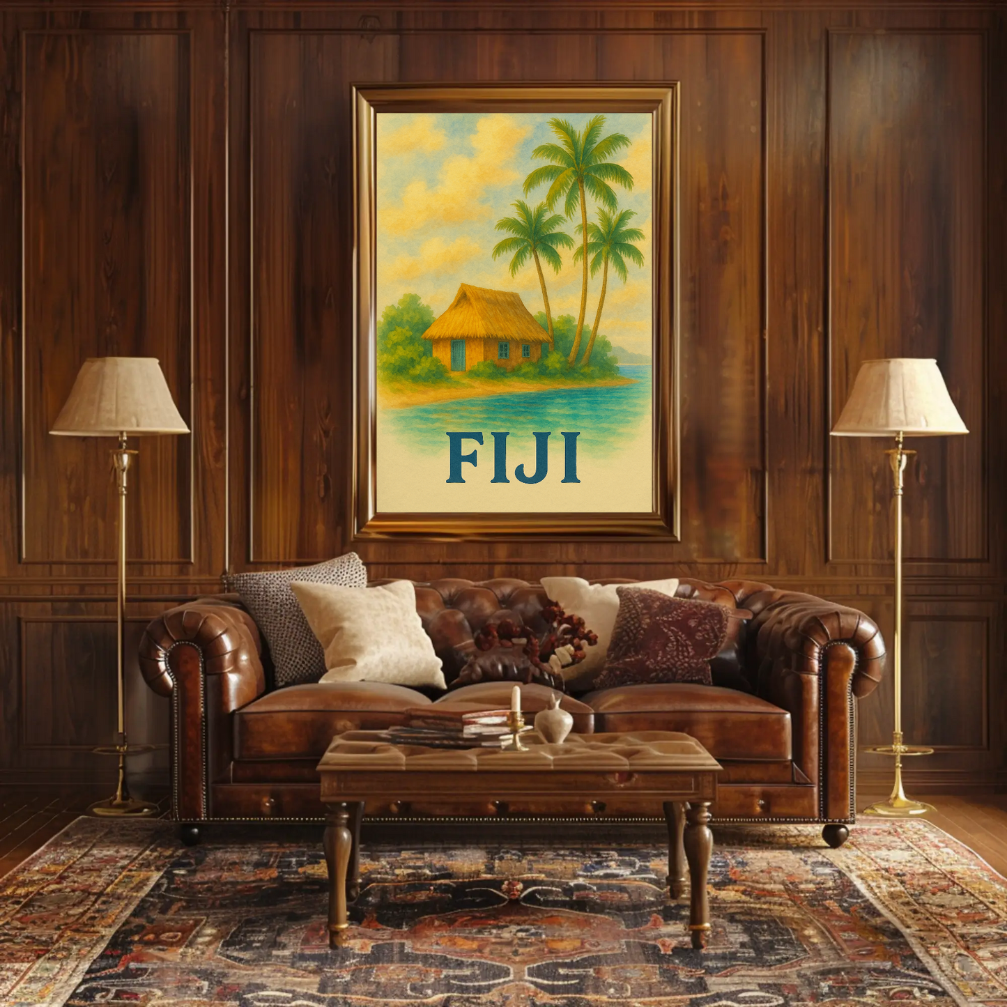 Fiji Tropical Hut Coastline Travel Poster