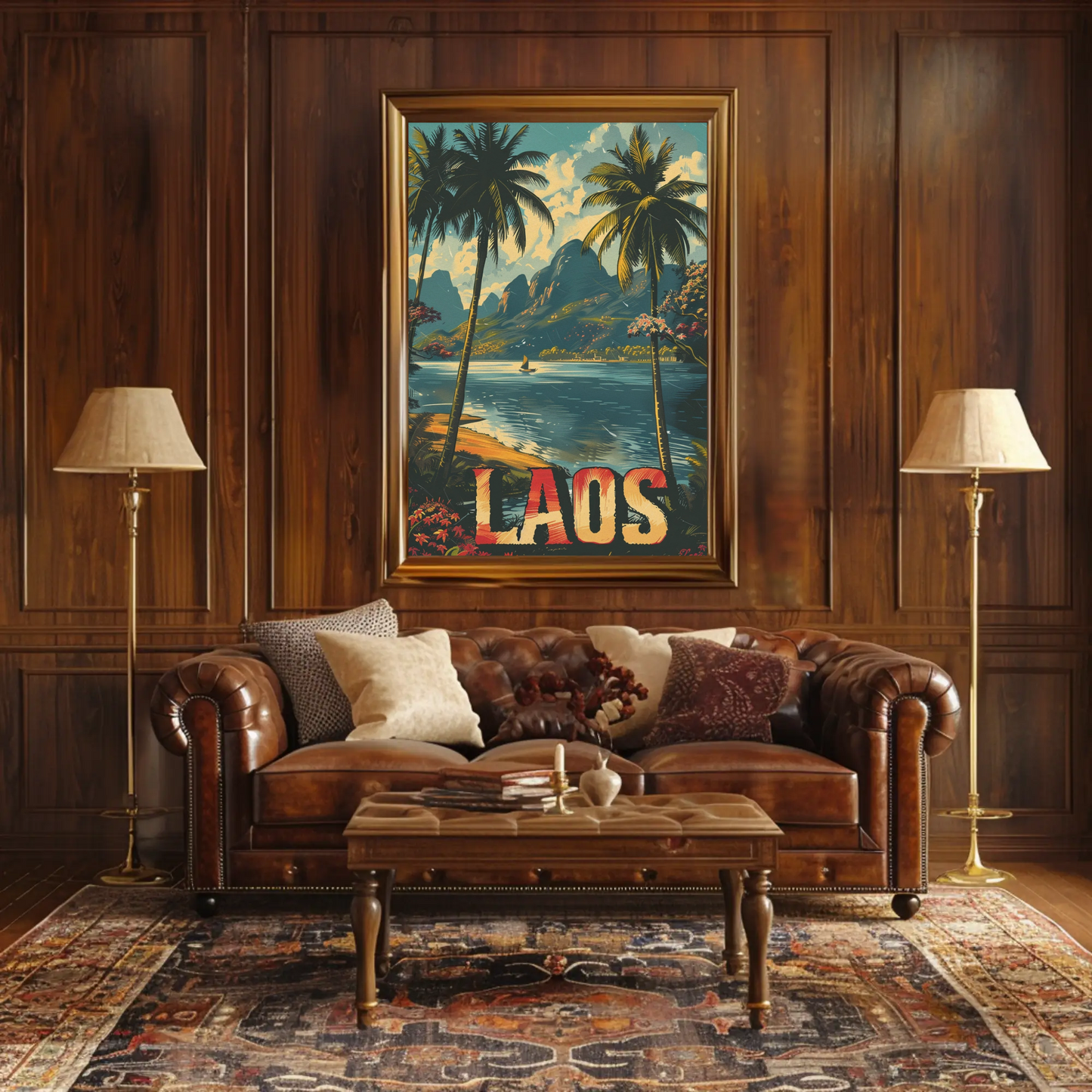 Laos Palm Trees River Mountain Jungle View Travel Poster