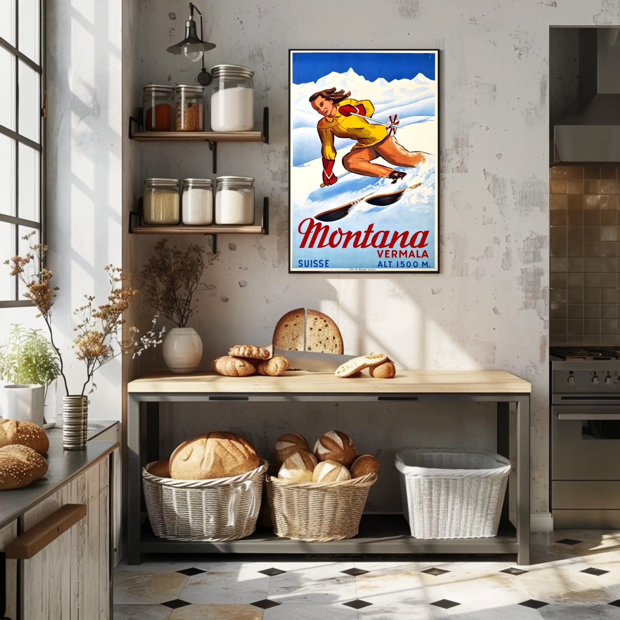 Skiing in Montana, Switzerland Poster PosterGoat