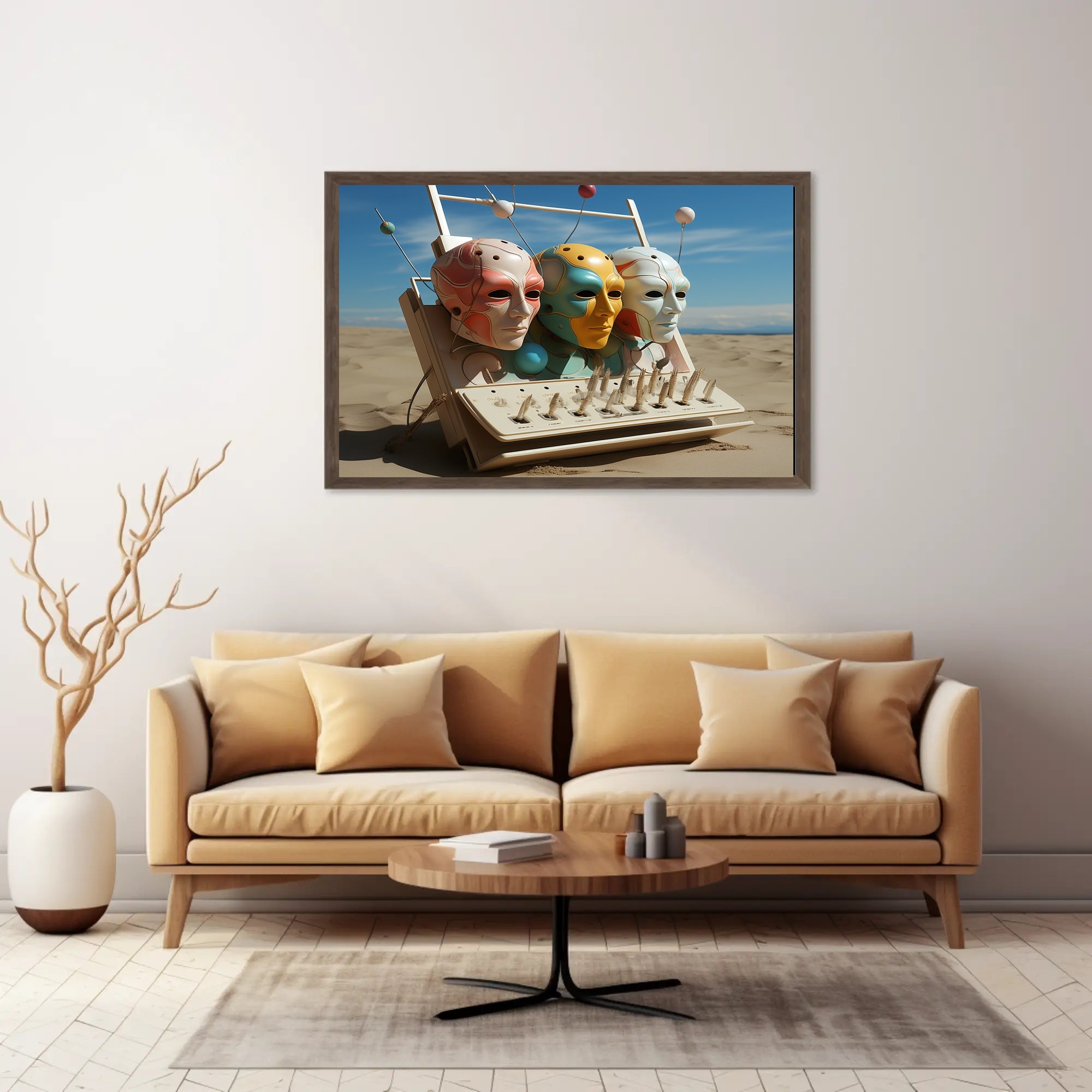 Futuristic Masks in Surreal Desert Sci-Fi Poster