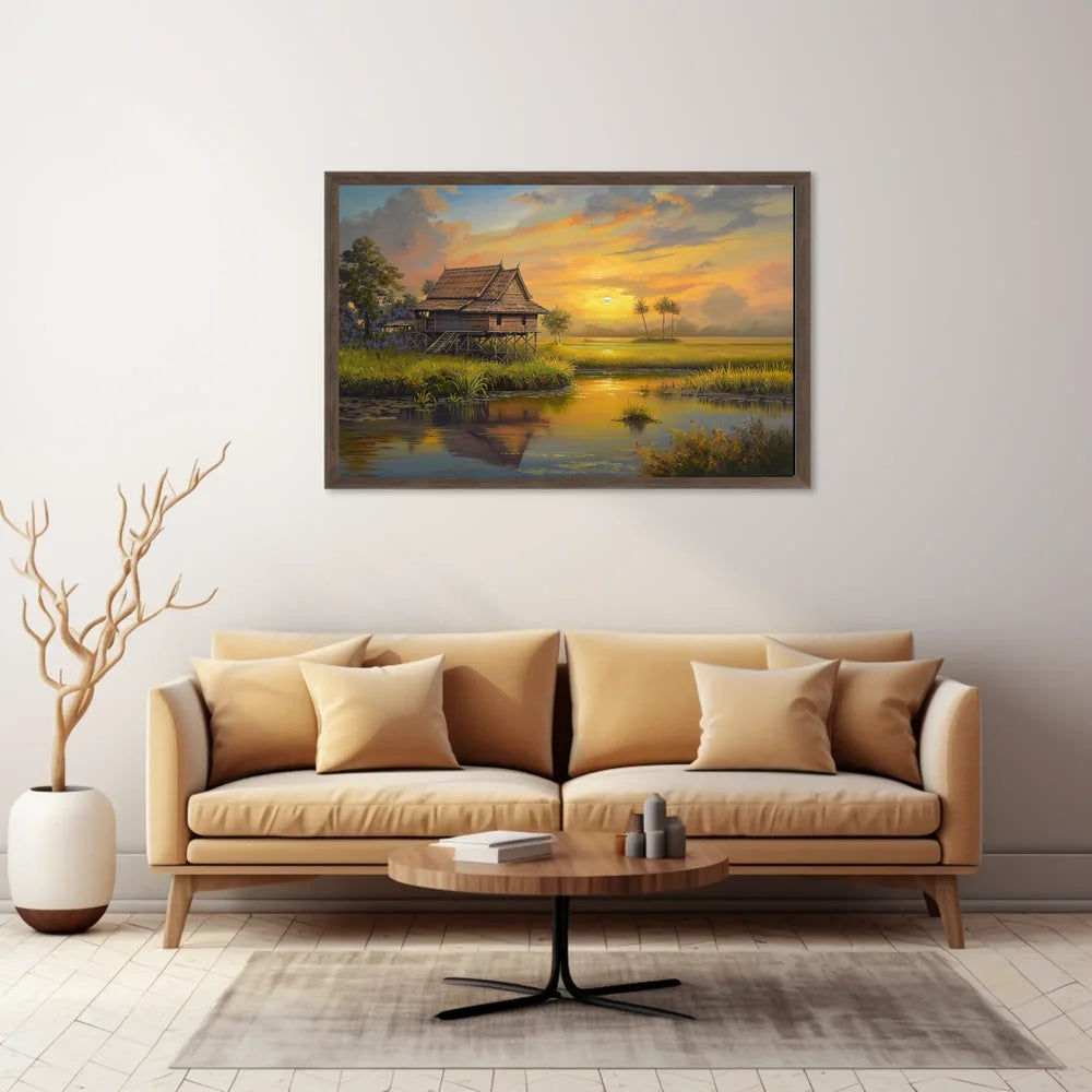Serene Southeast Asian Sunset Rural Scene Poster