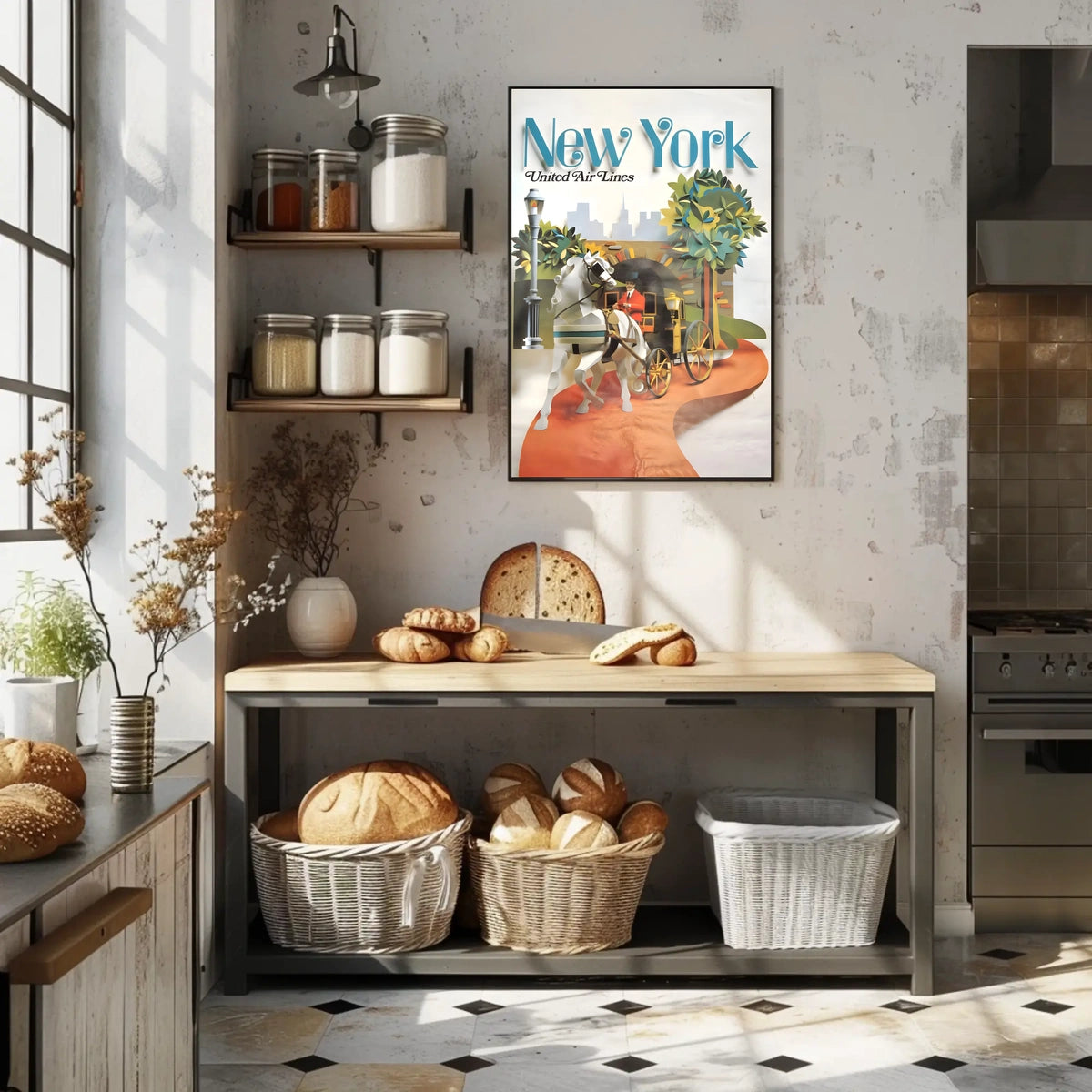 New York Skyline Carriage Travel Poster Vintage Wall Art