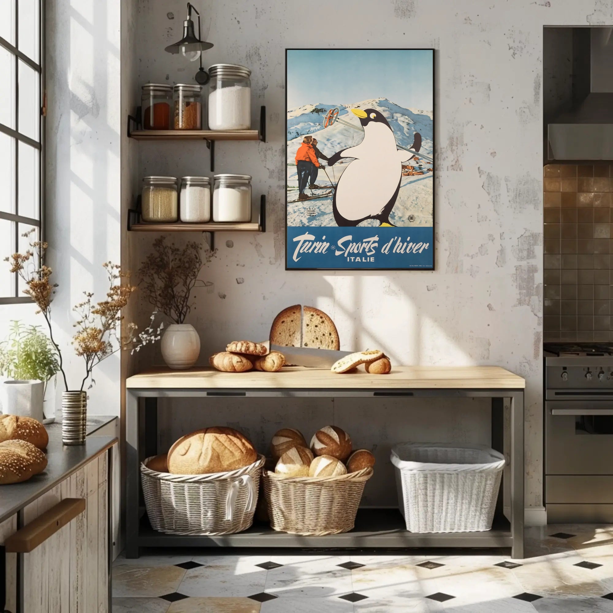 Winter Sports Fun Poster with Playful Penguin: Travel Poster PosterGoat