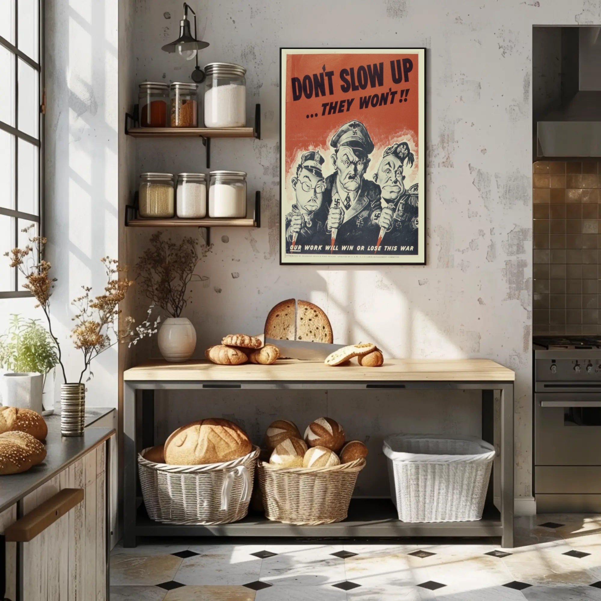 WWII Propaganda Cartoon: Boost Productivity with Vintage Style Poster