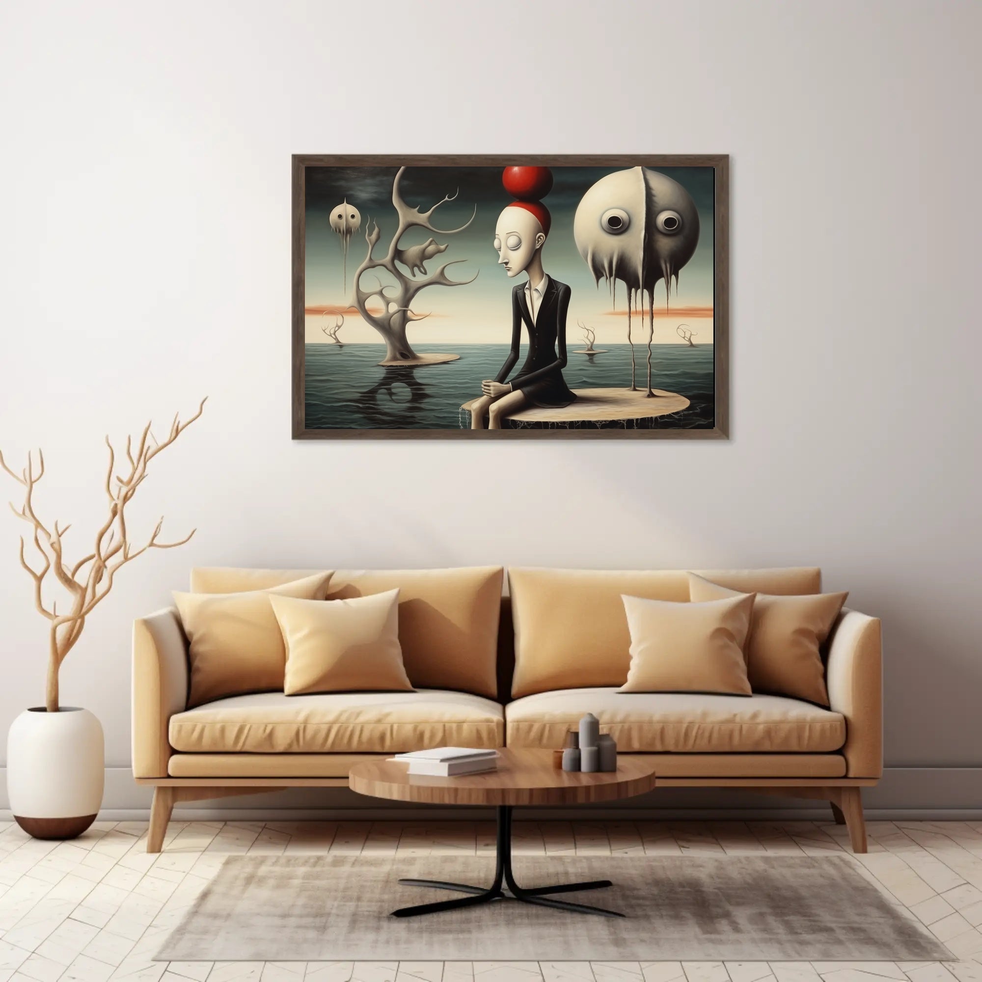 Surreal Humanoid with Red Sphere Hat Artistic Poster