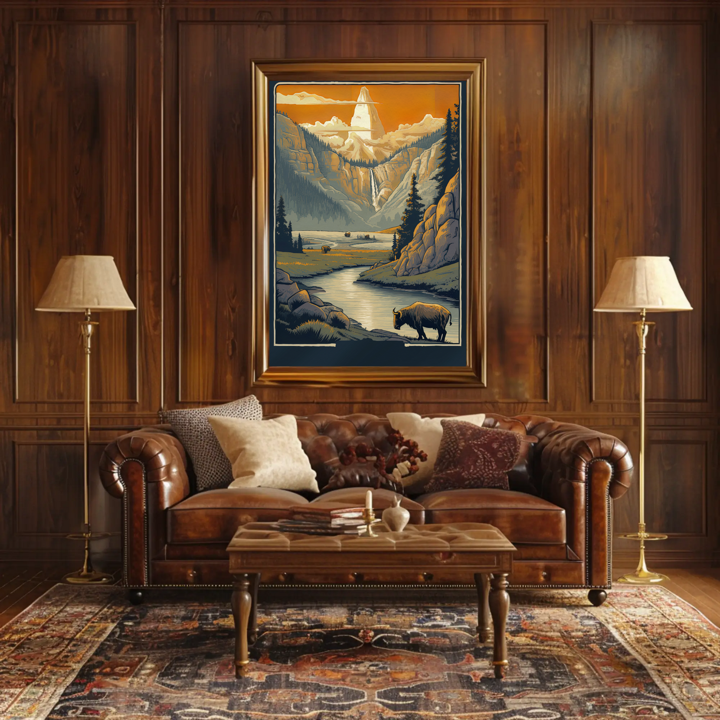 Mountain Valley Yellowstone Bison Scene Travel Poster