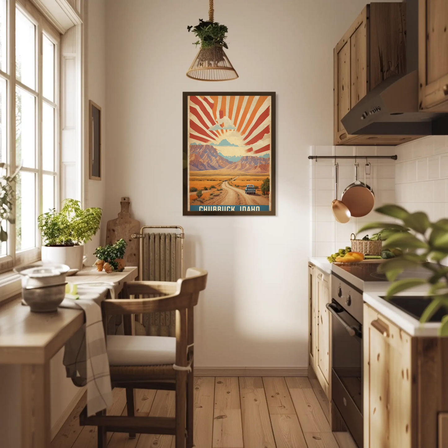 Chubbuck Idaho Sunset Road Desert Mountains Vintage Travel Poster