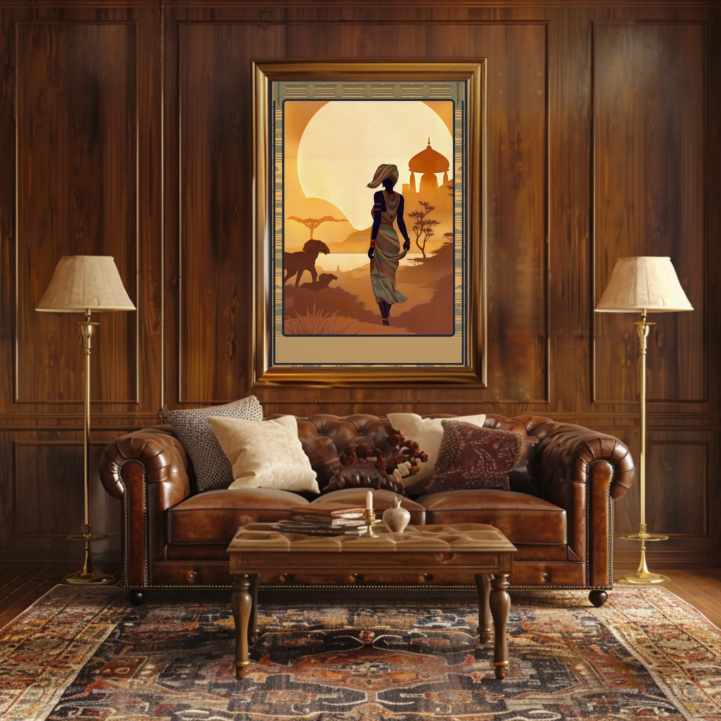 African Woman Wildlife Sunset Silhouette Travel Poster