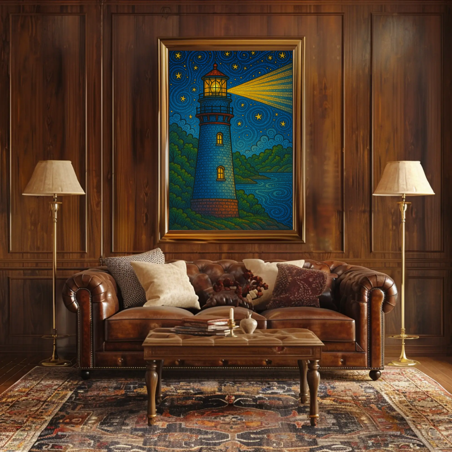 Lighthouse Night Stars Ocean Beacon Illustration Travel Poster