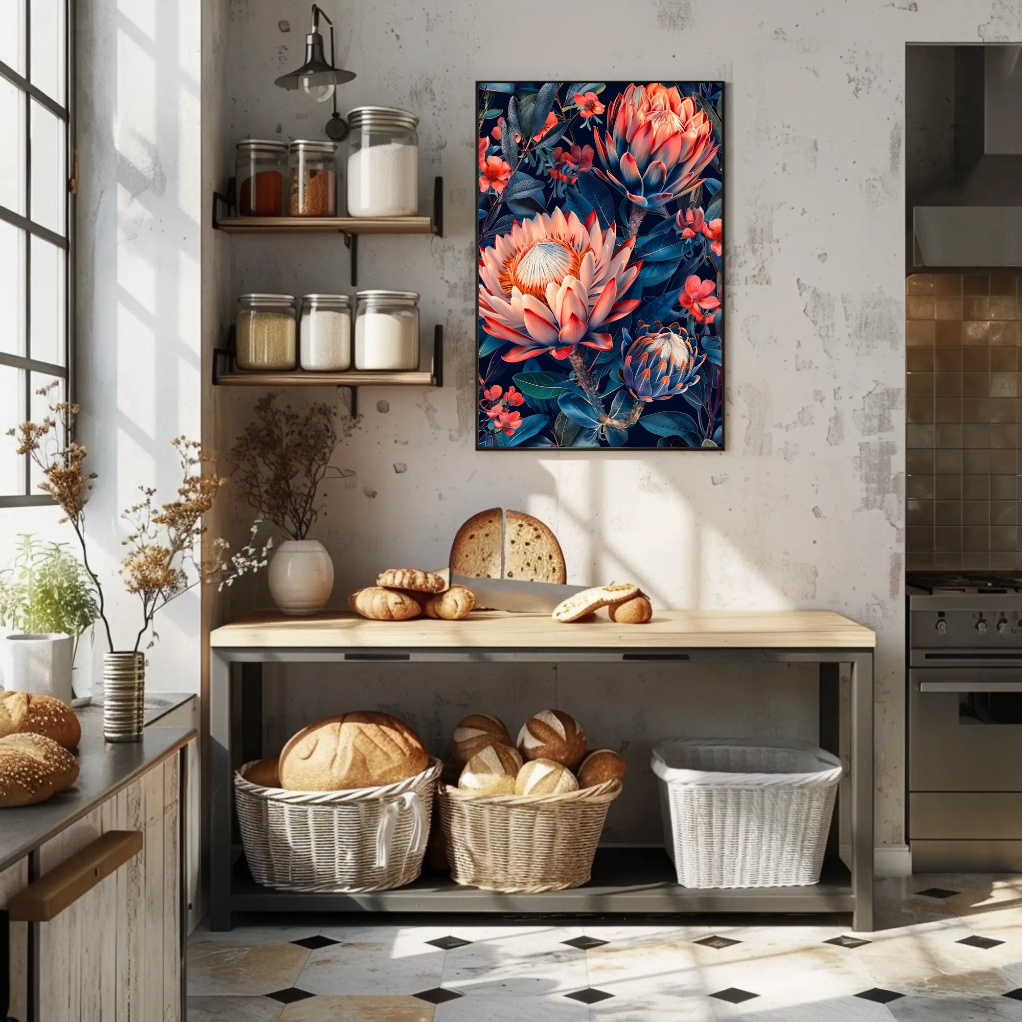 Vibrant Protea Flower Botanical Art Print - Artistic Poster