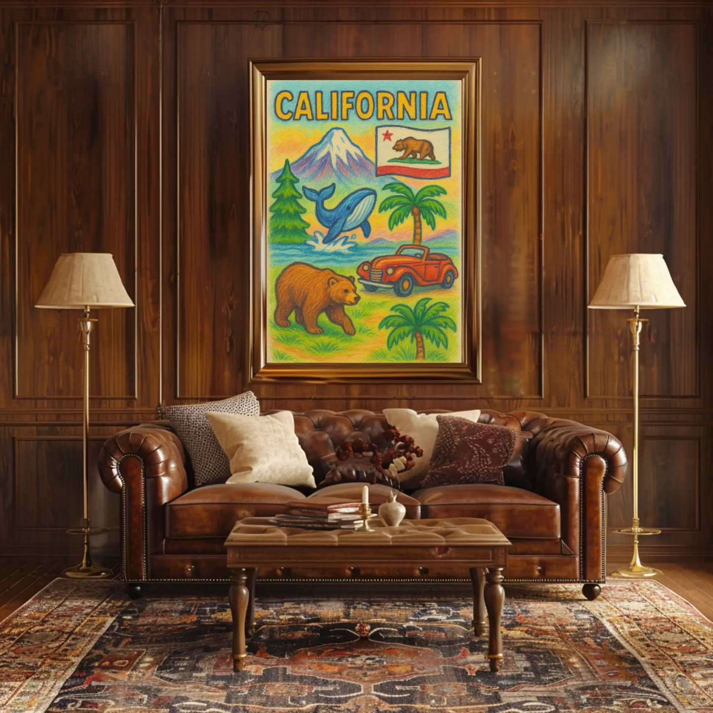 California Bear Whale Redwood Vintage Travel Poster