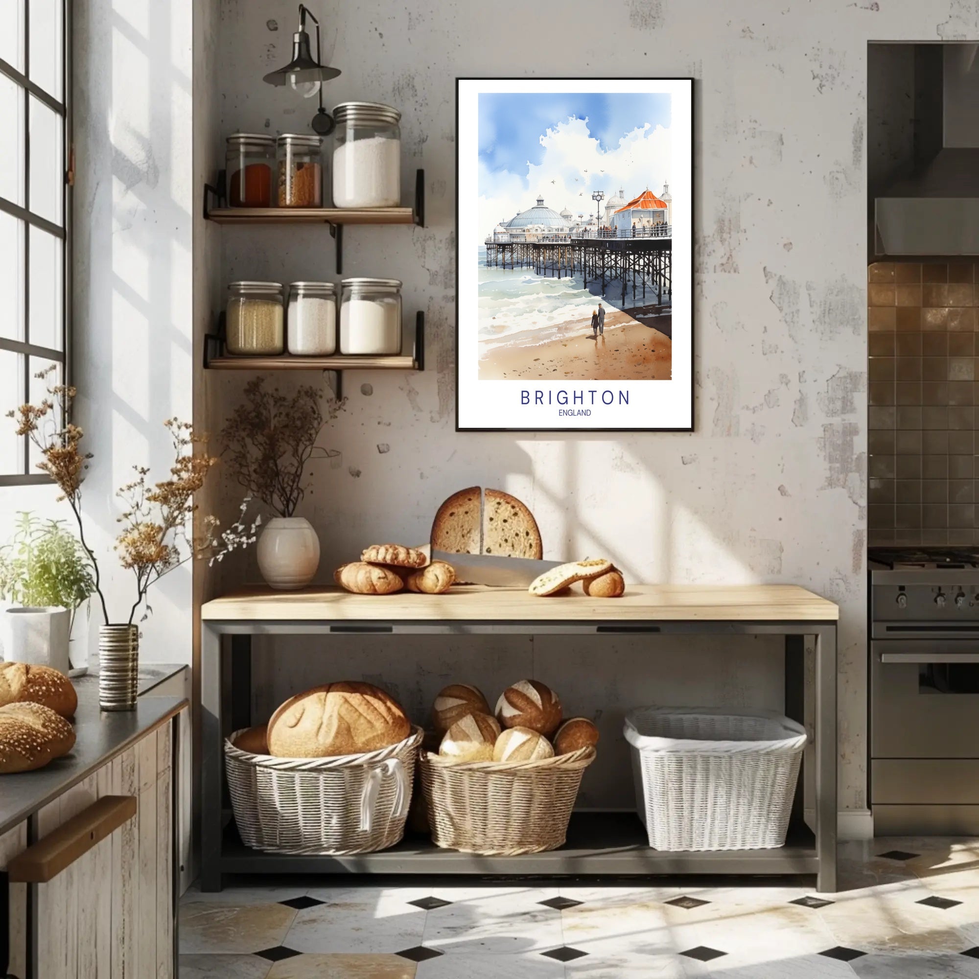 Brighton seaside watercolor travel poster - serene, nostalgic charm PosterGoat