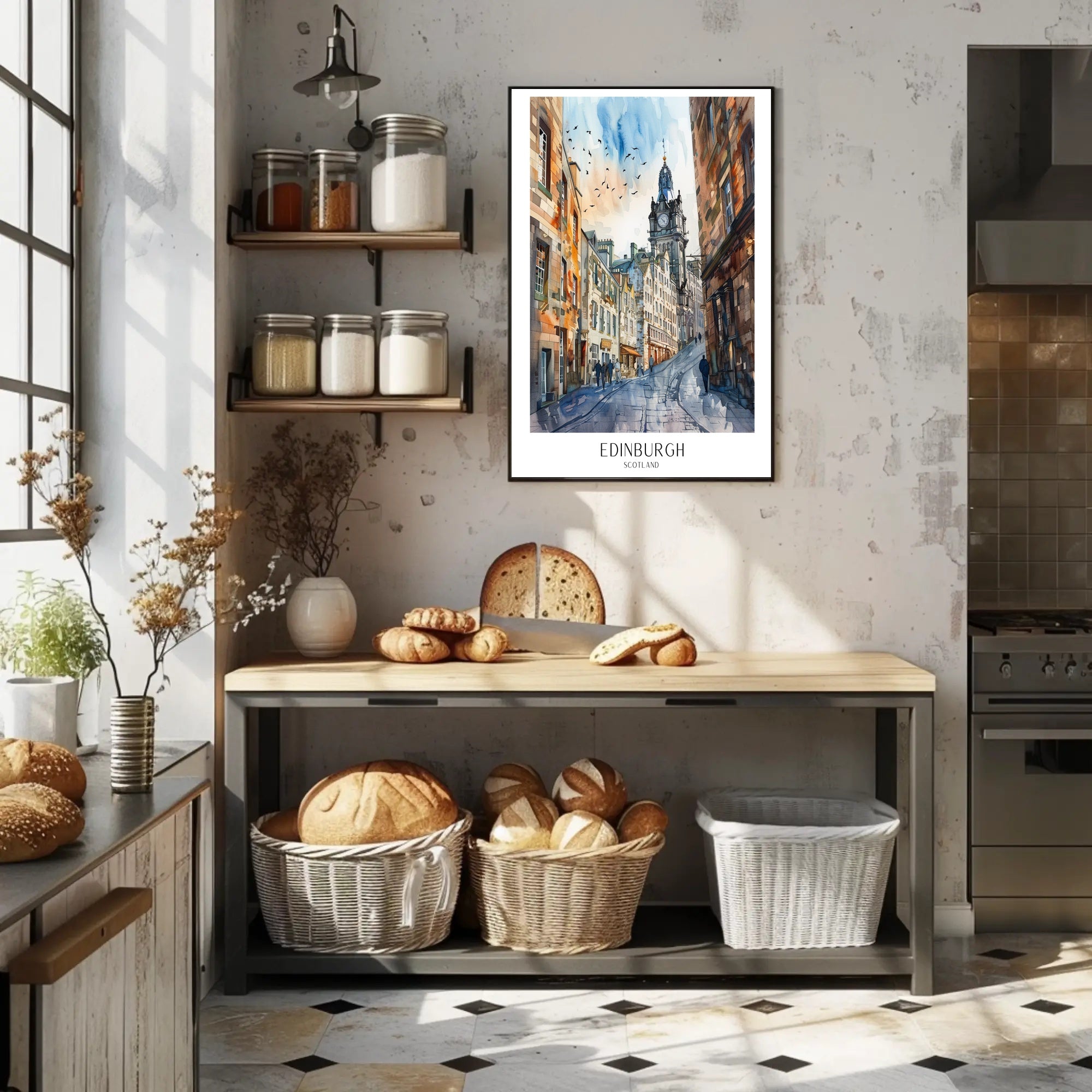 Edinburgh Street Scene in Watercolor Travel Poster PosterGoat