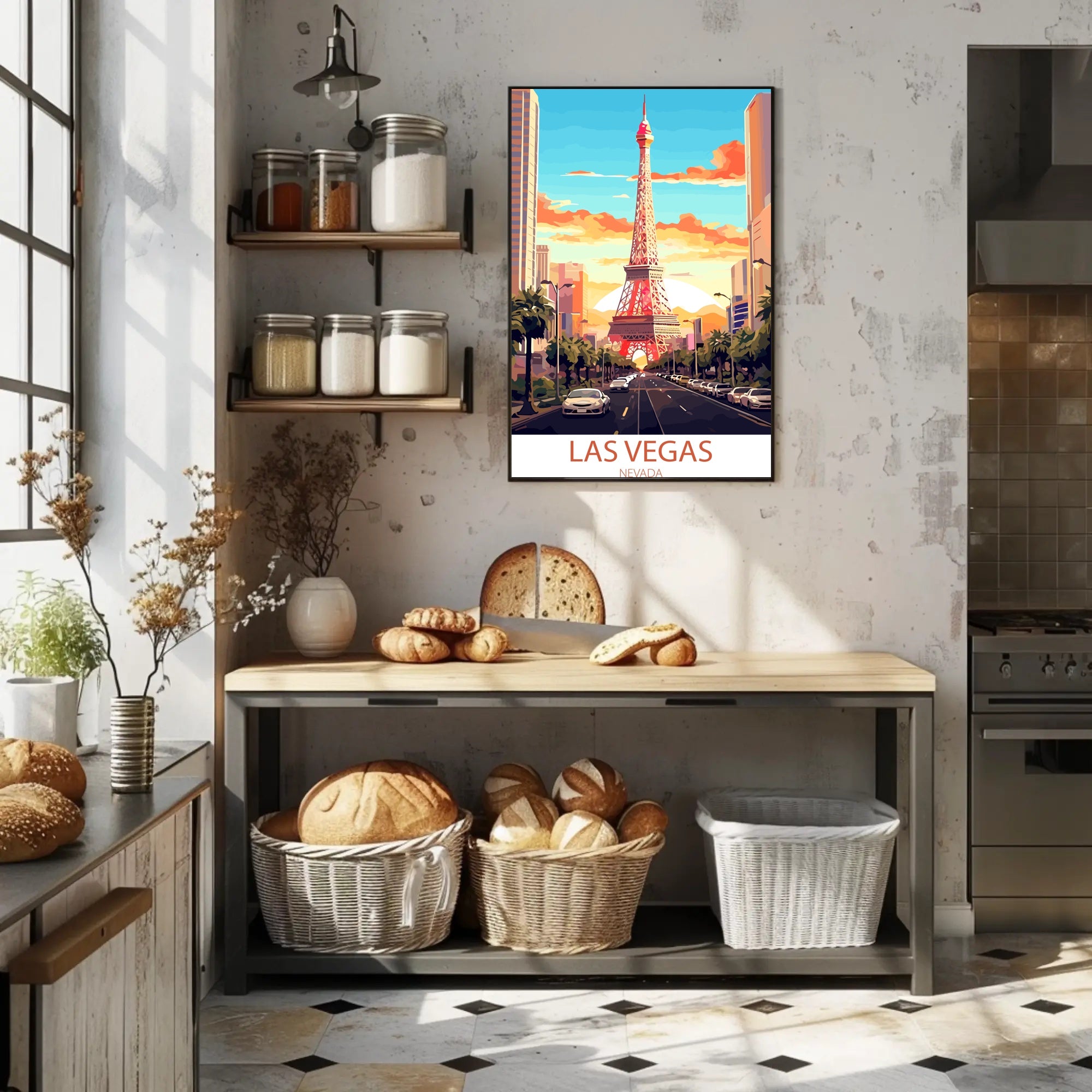 Las Vegas Cityscape with Eiffel Tower Travel Poster