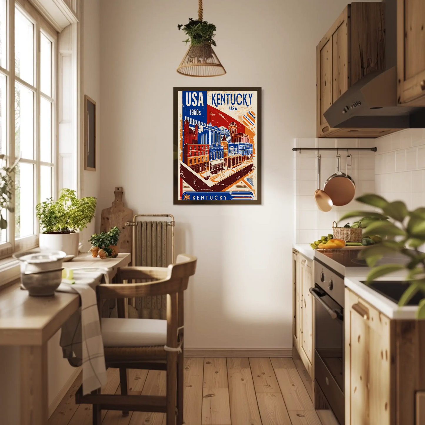 Kentucky USA 1950s Downtown Streets Vintage Maroon Travel Poster