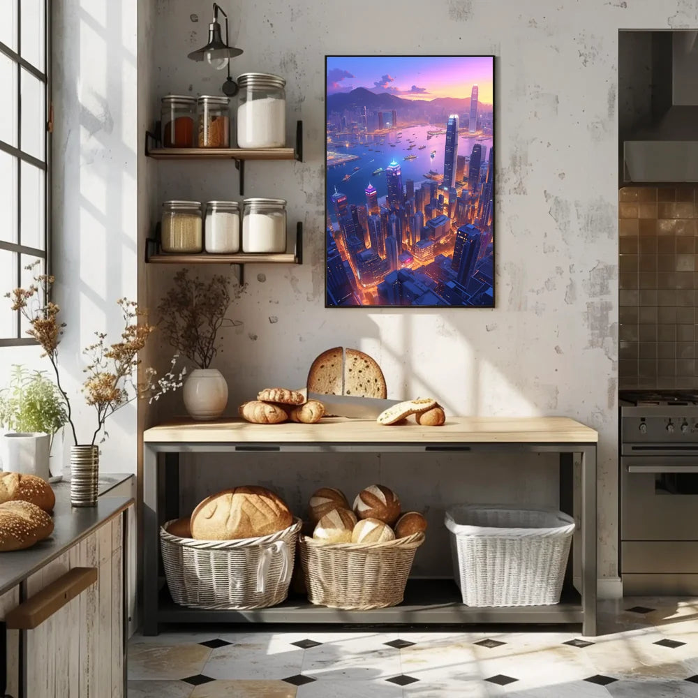 Futuristic Cityscape Poster: Neon Harbor at Dusk