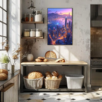 Futuristic Cityscape Poster: Neon Harbor at Dusk