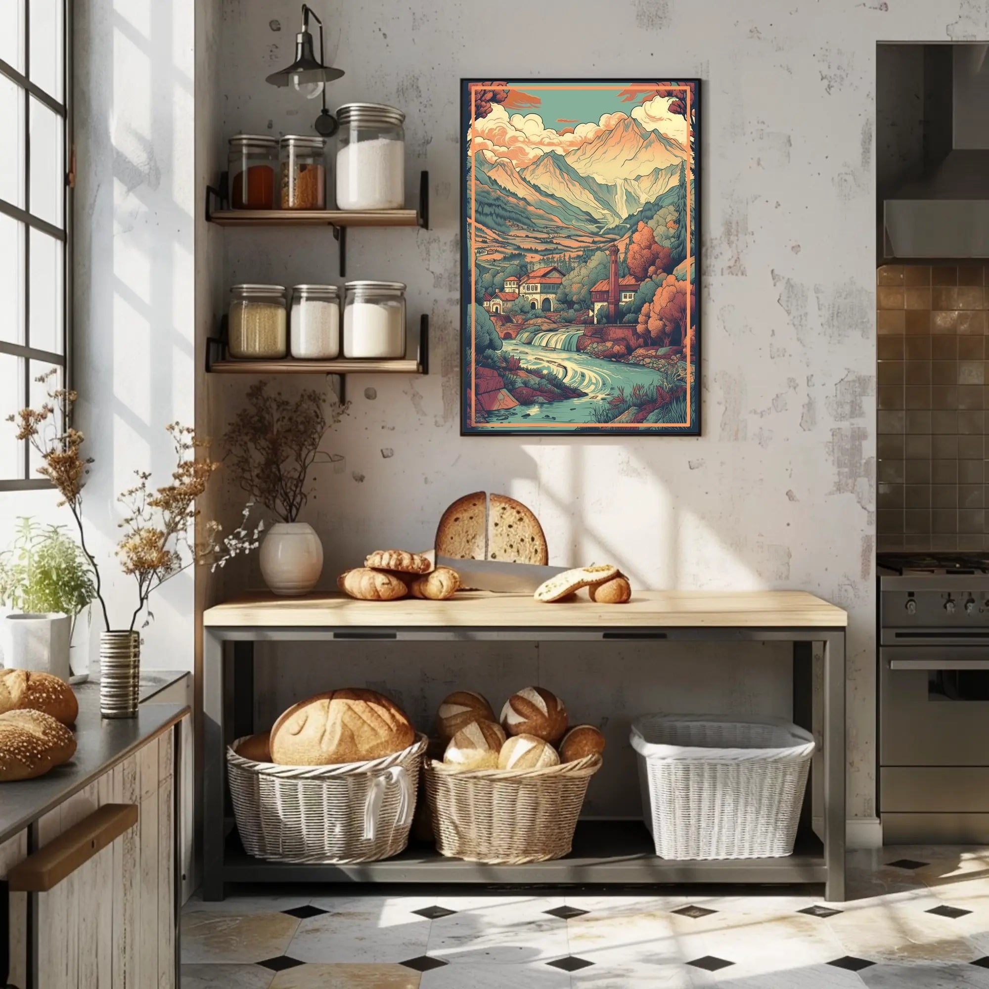 Serene Mountain Village: Tranquil Escape with Cascading River Poster