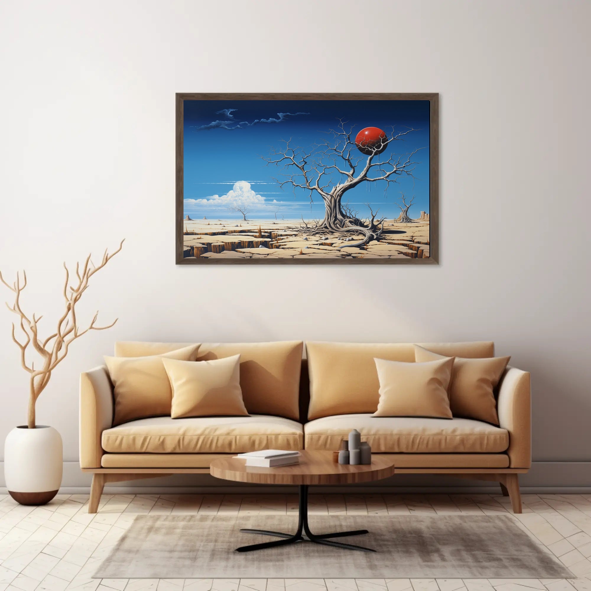 Surreal Desert Landscape with Red Sphere Artistic Poster