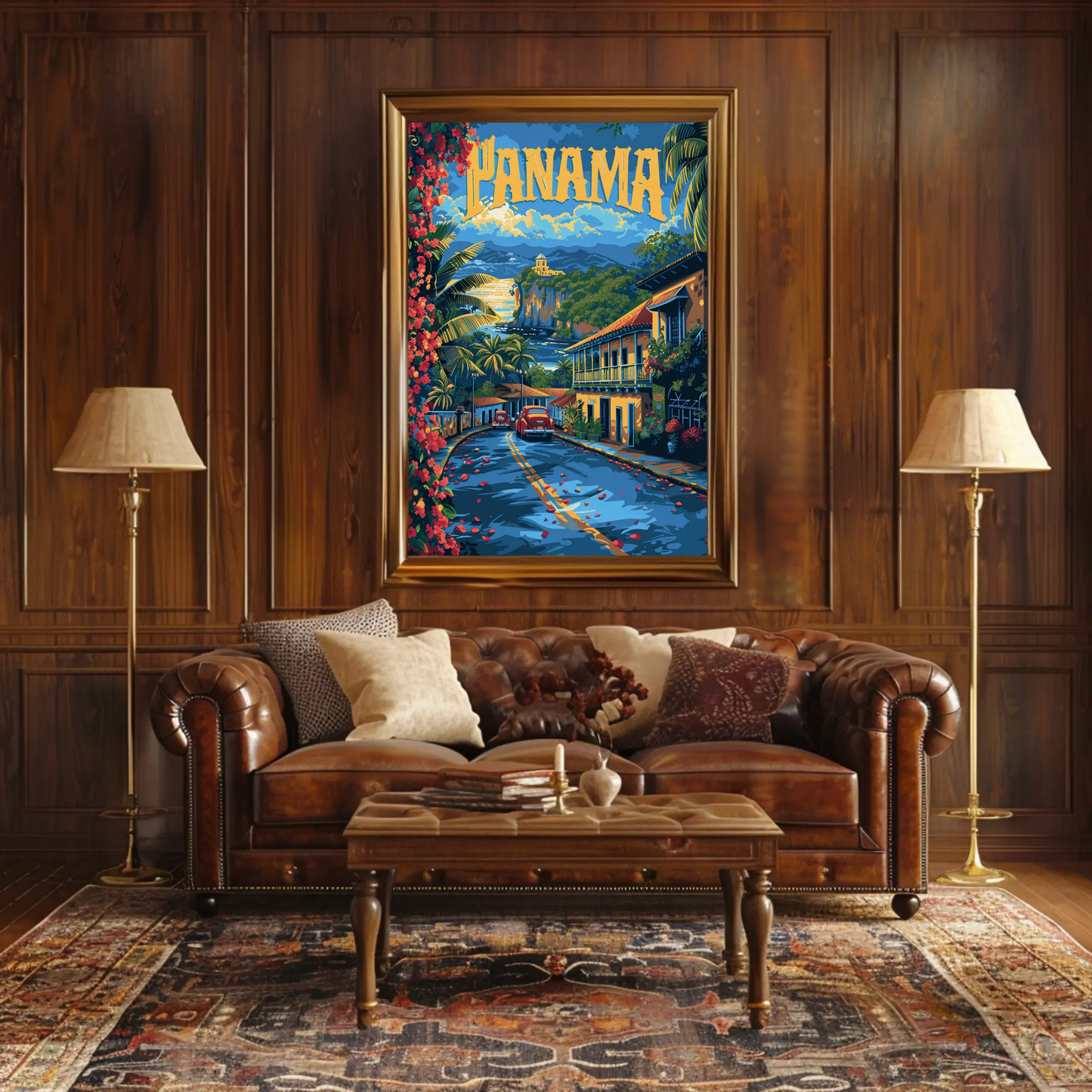 Panama Coastal Cliffs Village Retro Street View Travel Poster