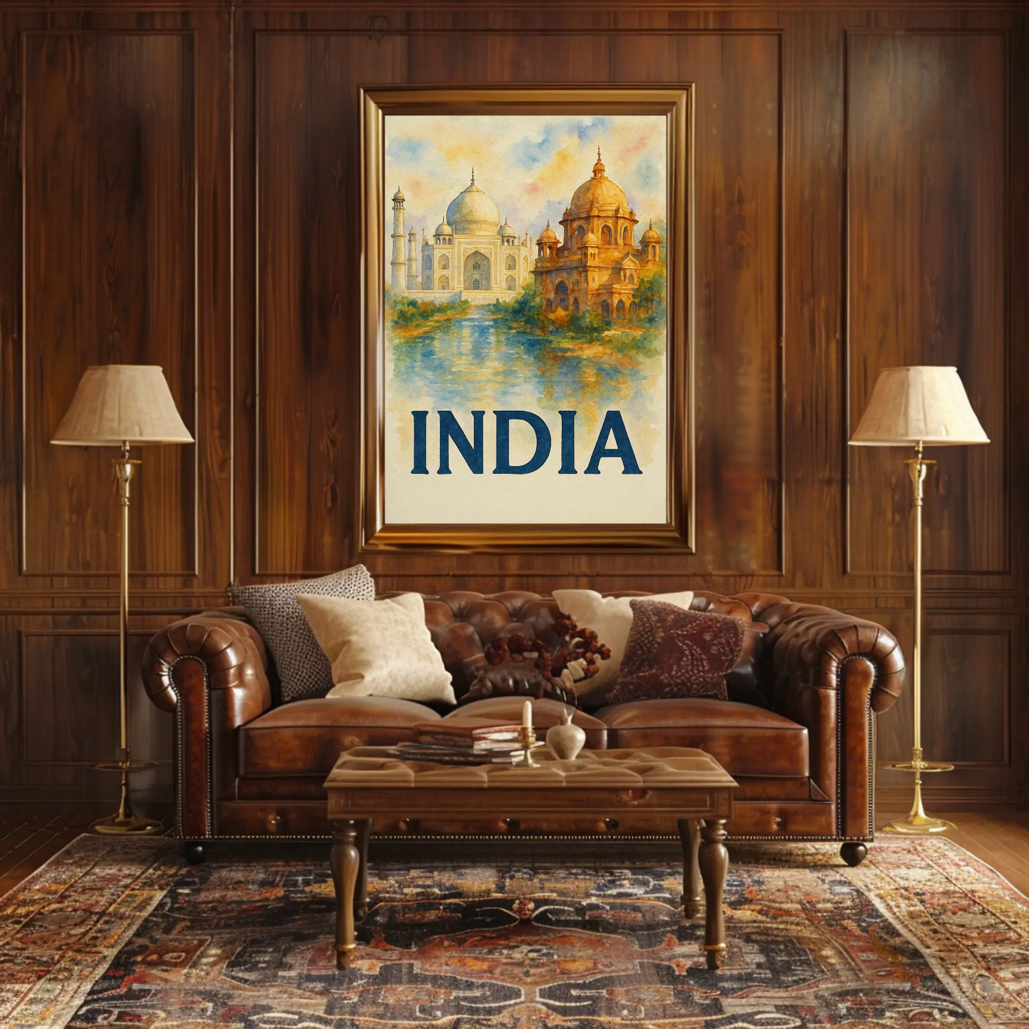 India Taj Mahal Watercolor Palace Reflection Travel Poster