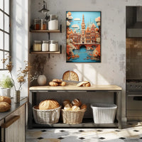 Amsterdam Canal Bridge Scene with Whimsical Urban or Cityscape Poster