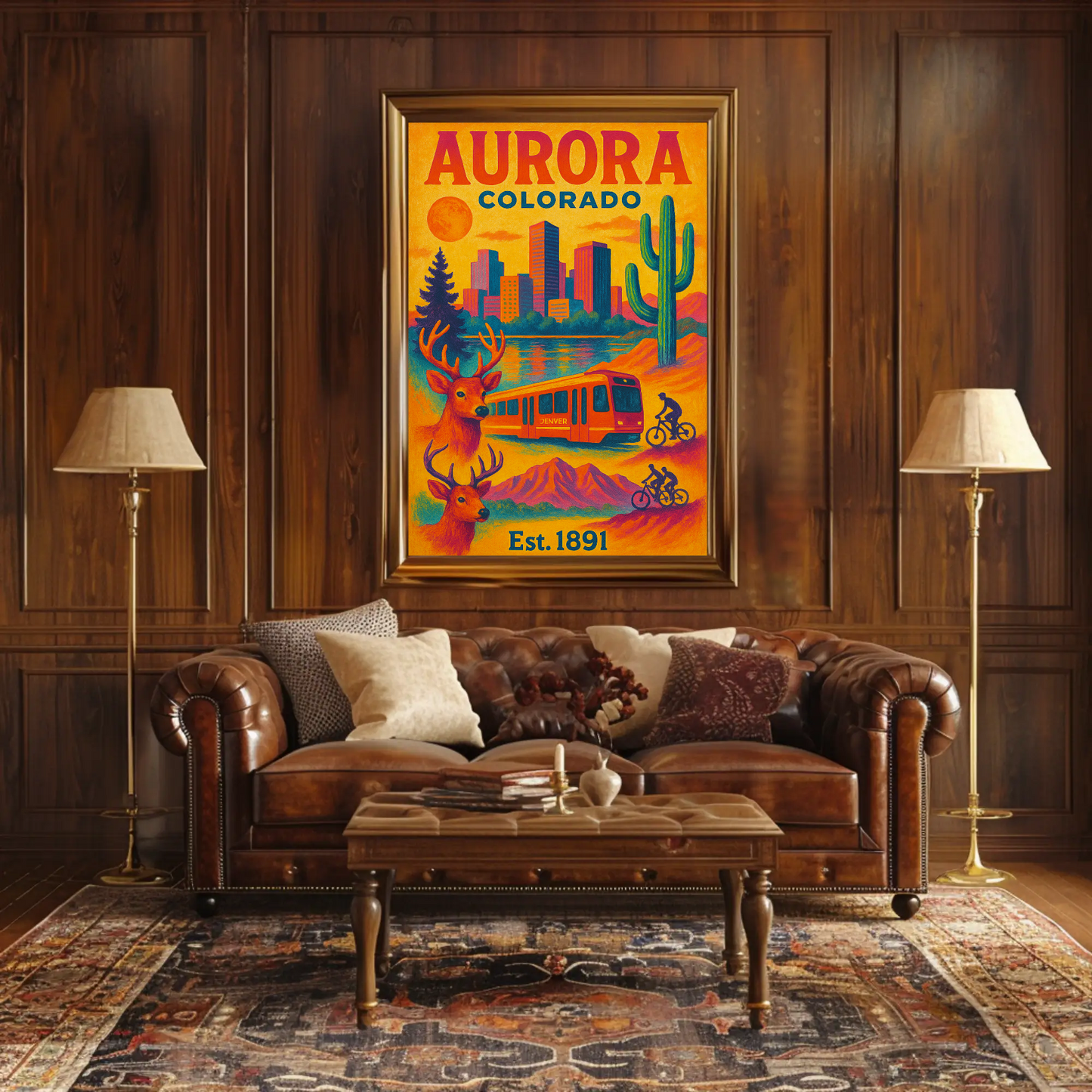 Aurora Colorado Mountains City Train Wildlife Cactus Travel Poster