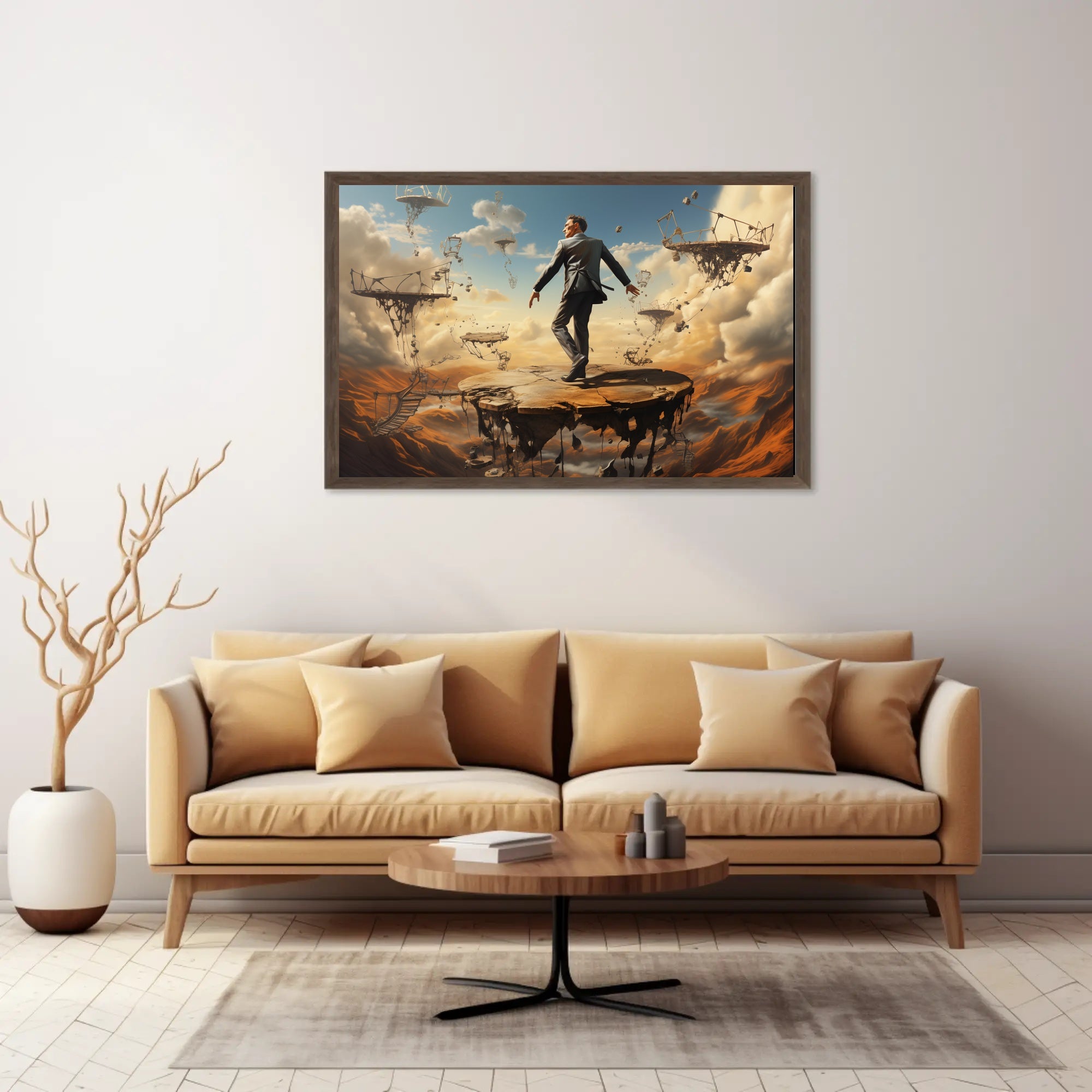 Surreal Suit Man on Broken Platforms Artistic Poster