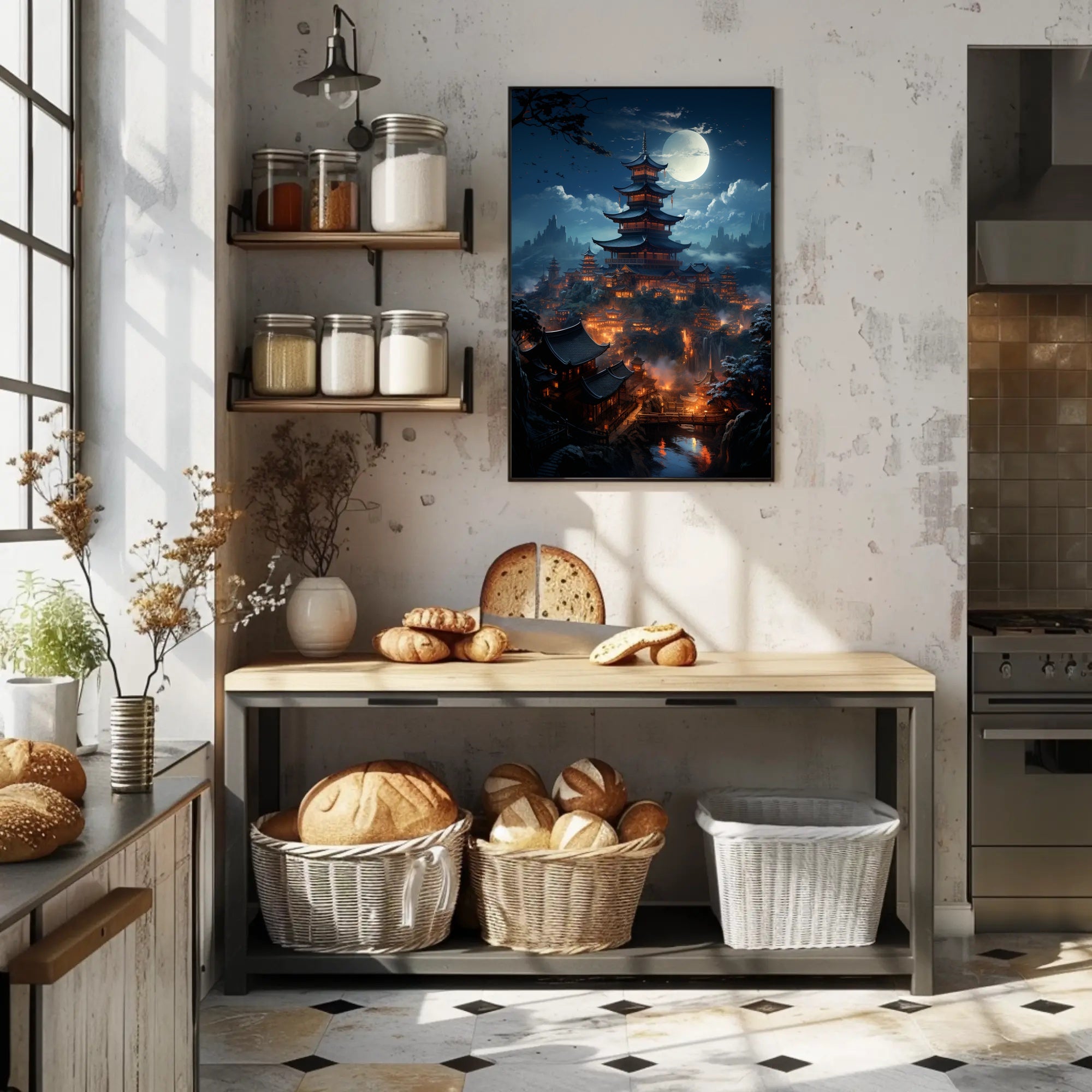 Moonlit Pagoda Village Poster