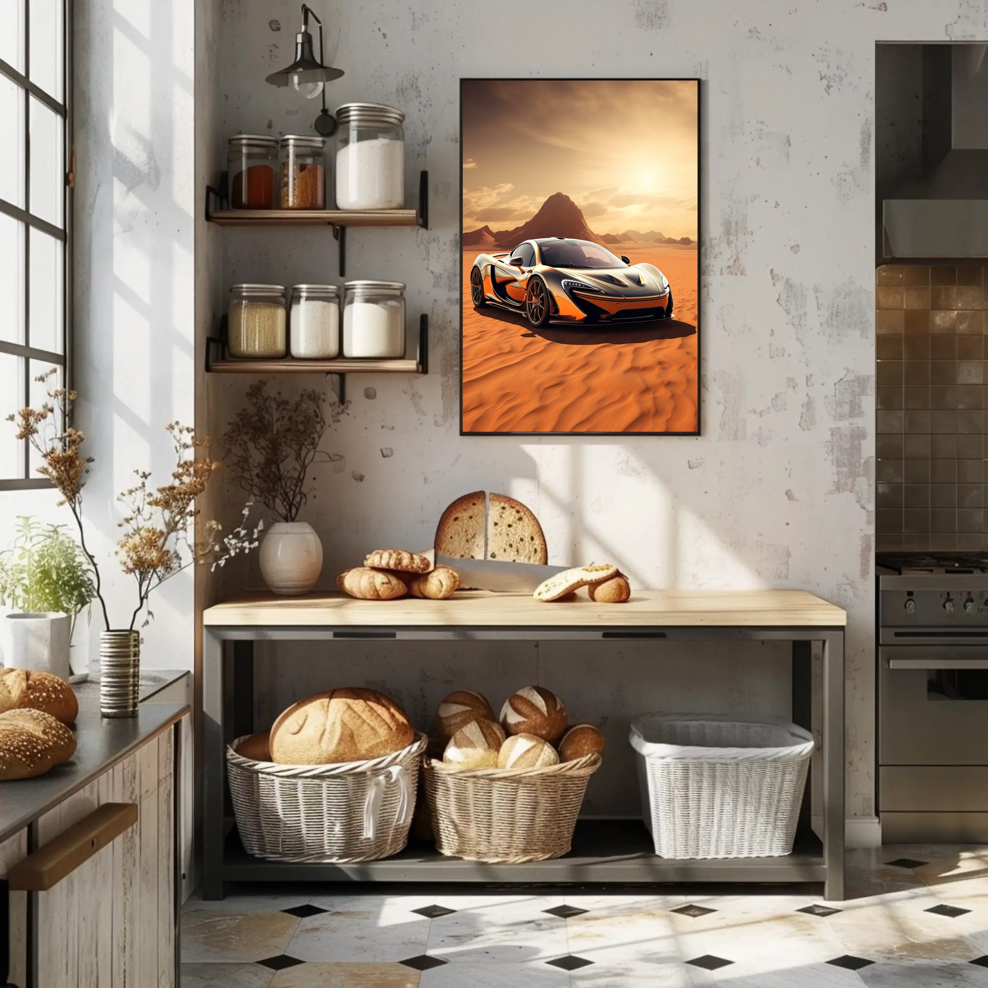 Sleek Supercar in the Desert Poster PosterGoat