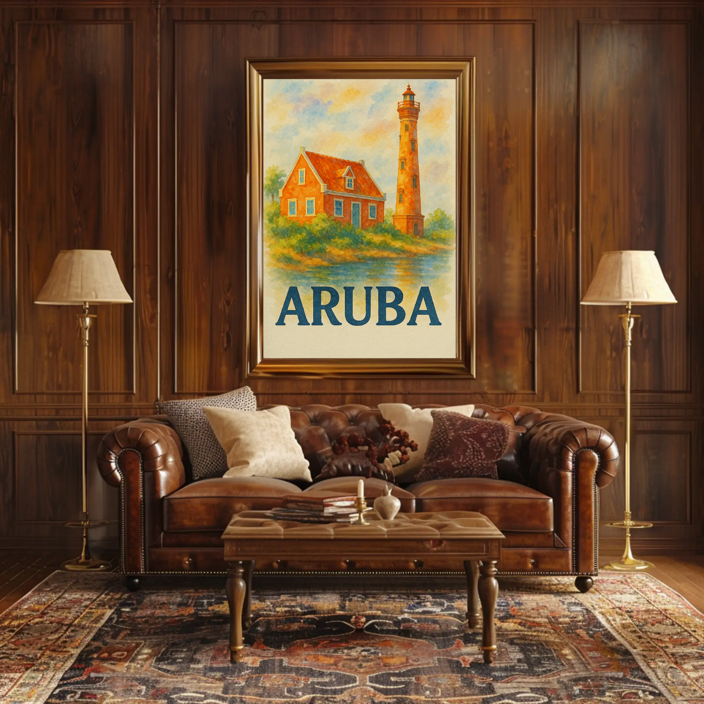Aruba Lighthouse Ocean Hut Sunset Travel Poster