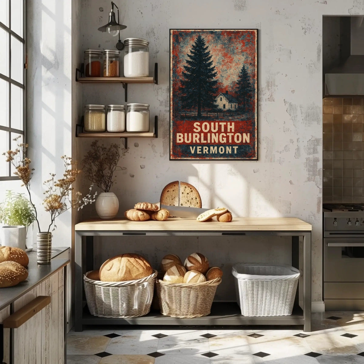 Cozy Vintage Vermont Rustic Folk Art Poster