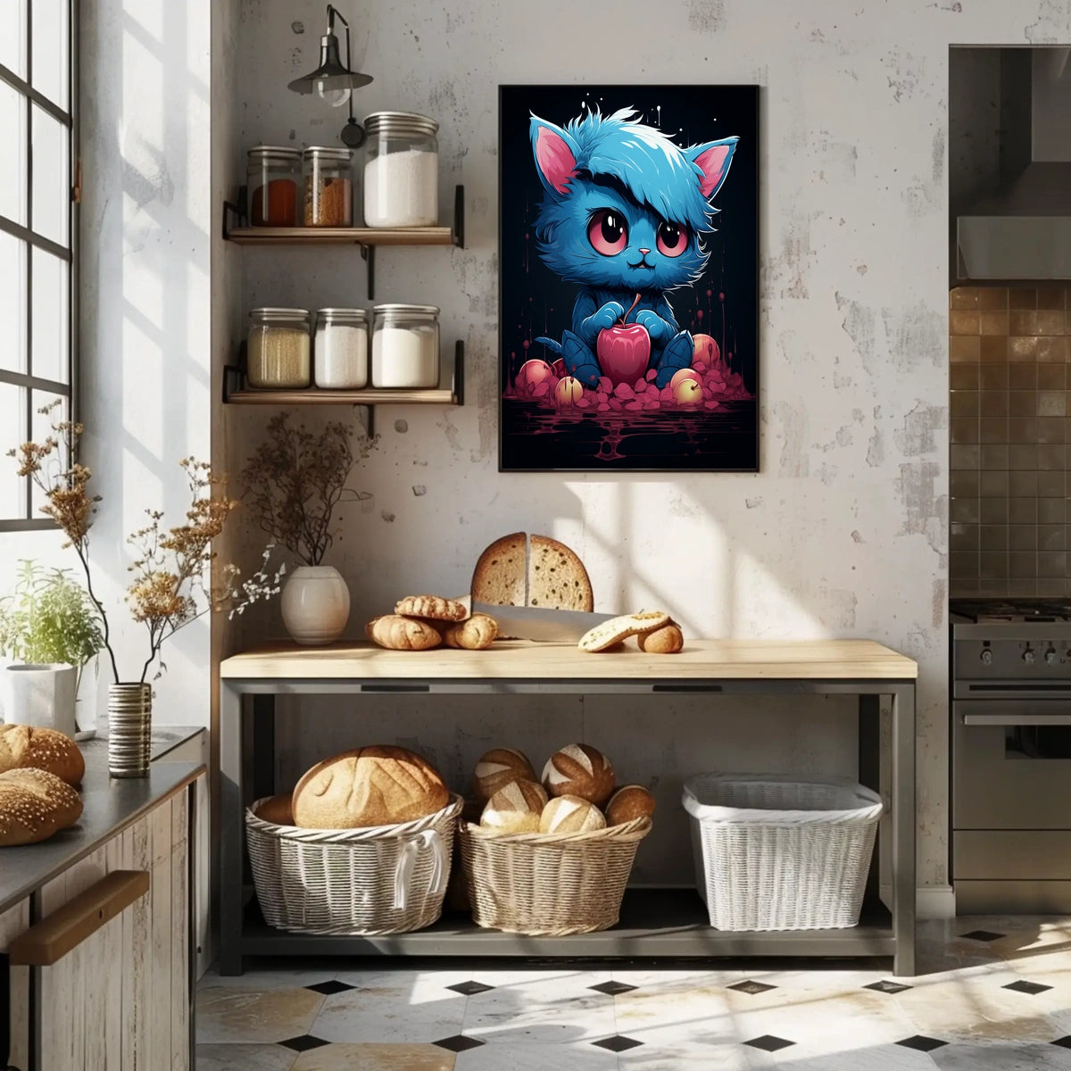 Enigmatic Blue Cat With Apple Poster