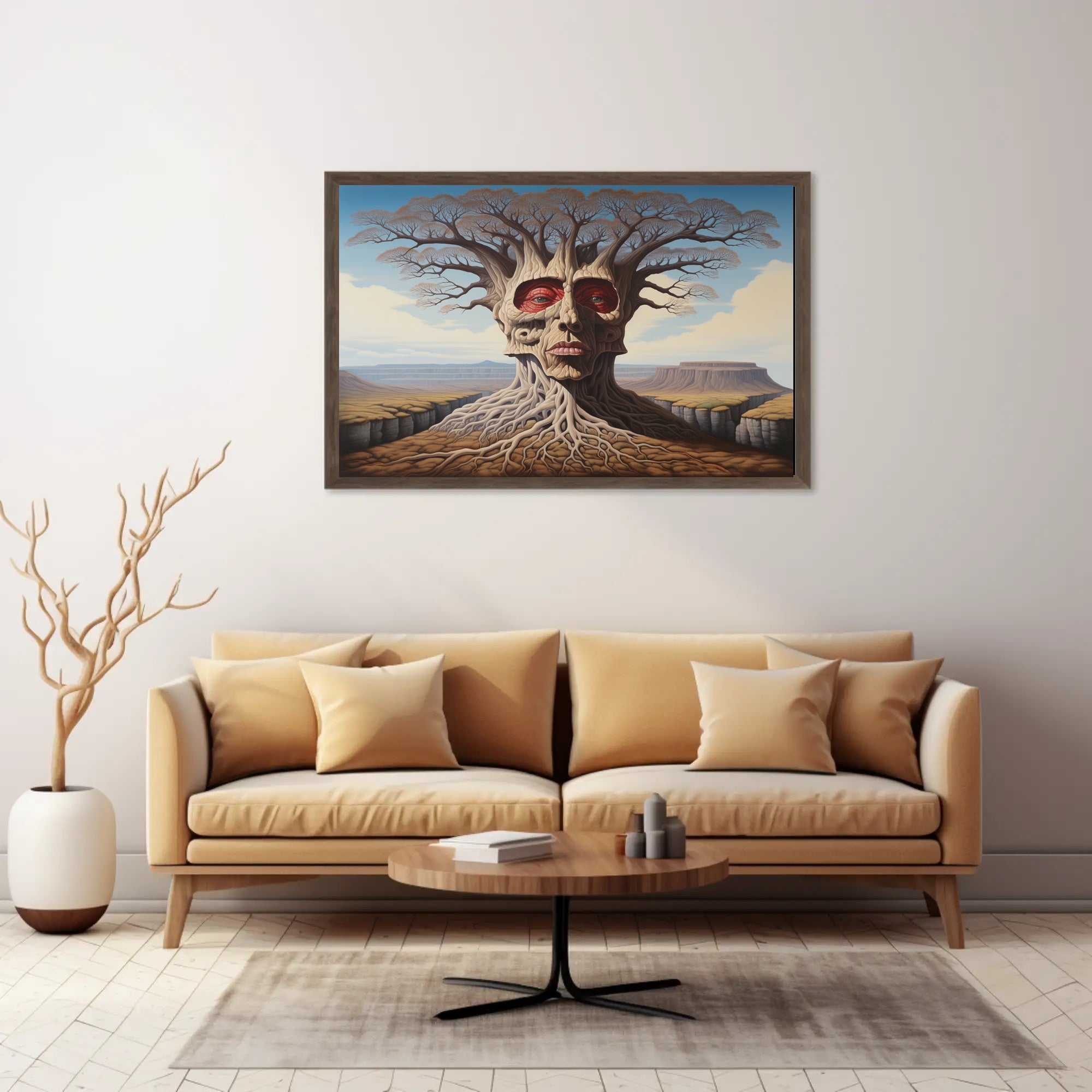 Surreal Tree Face in a Mystical Desert: Artistic Poster