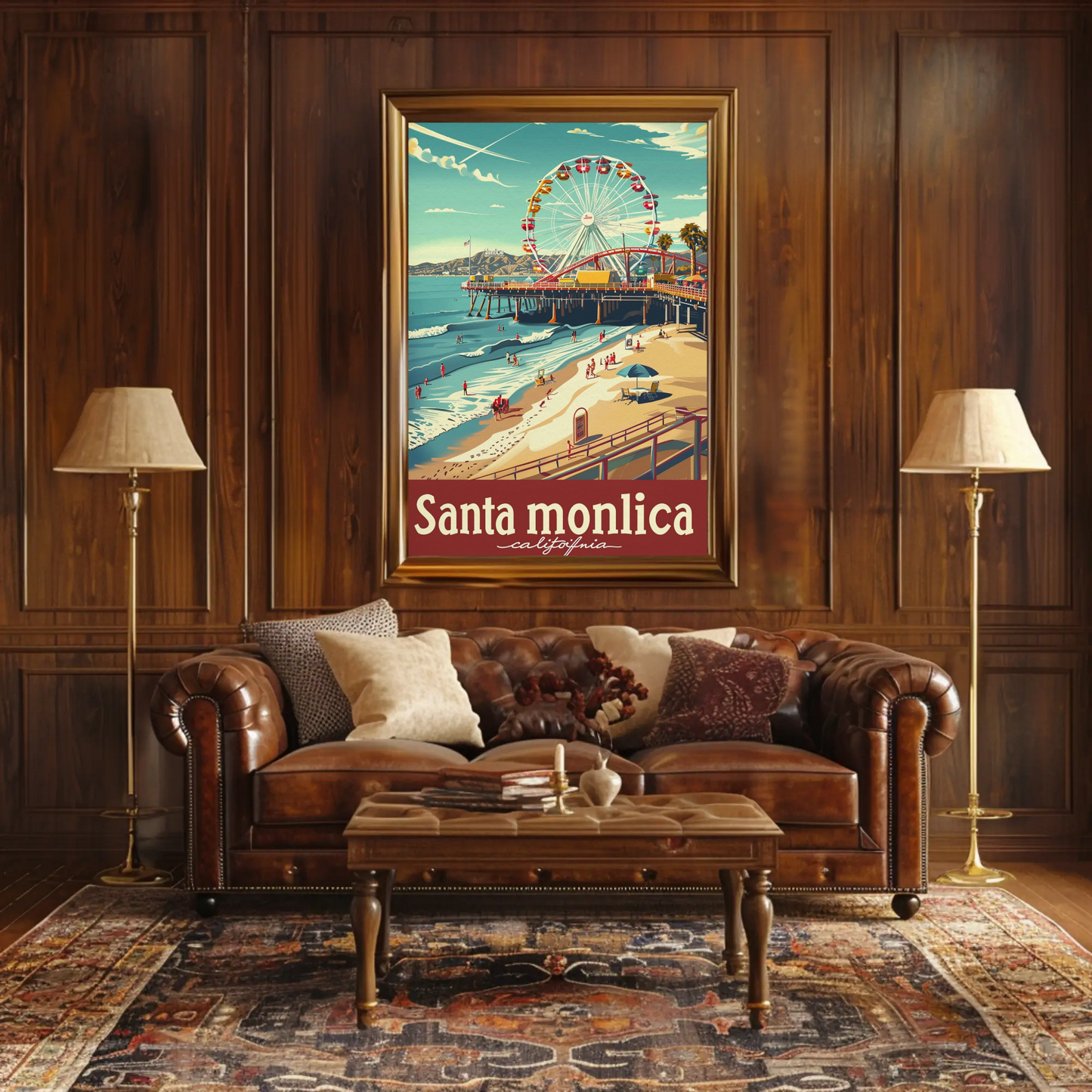 Santa Monica California Ferris Wheel Oceanfront View Travel Poster