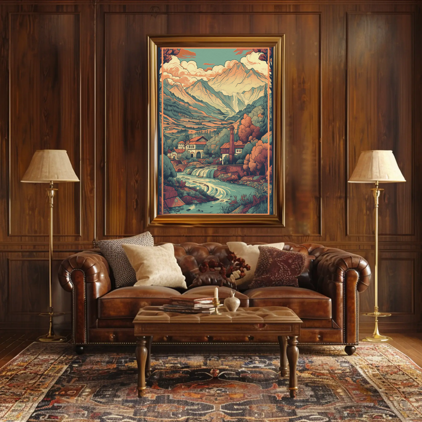 Alpine Village Waterfall And Peaks Travel Poster