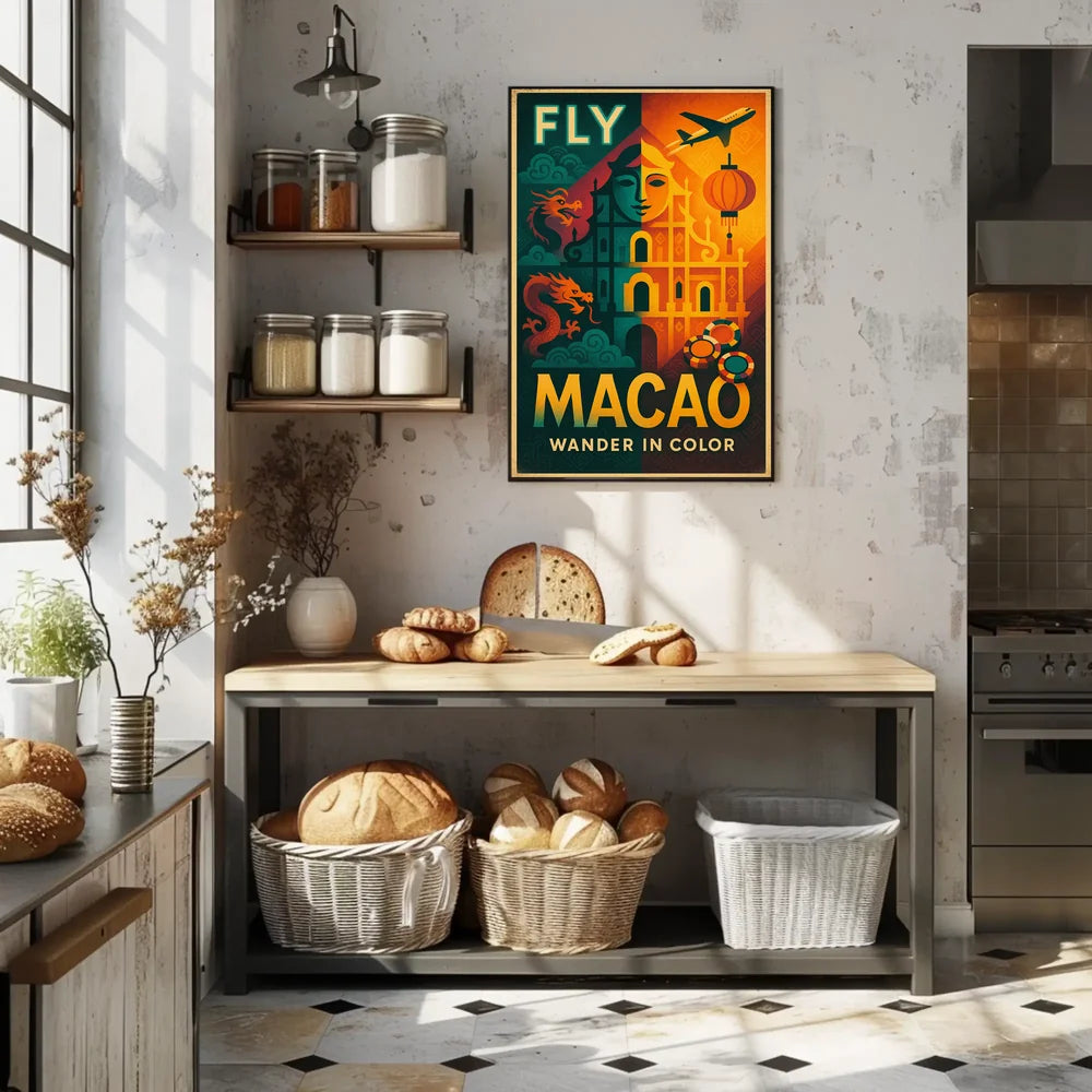 Fly Macao Travel with Vibrant Cultural Adventure Travel Poster PosterGoat