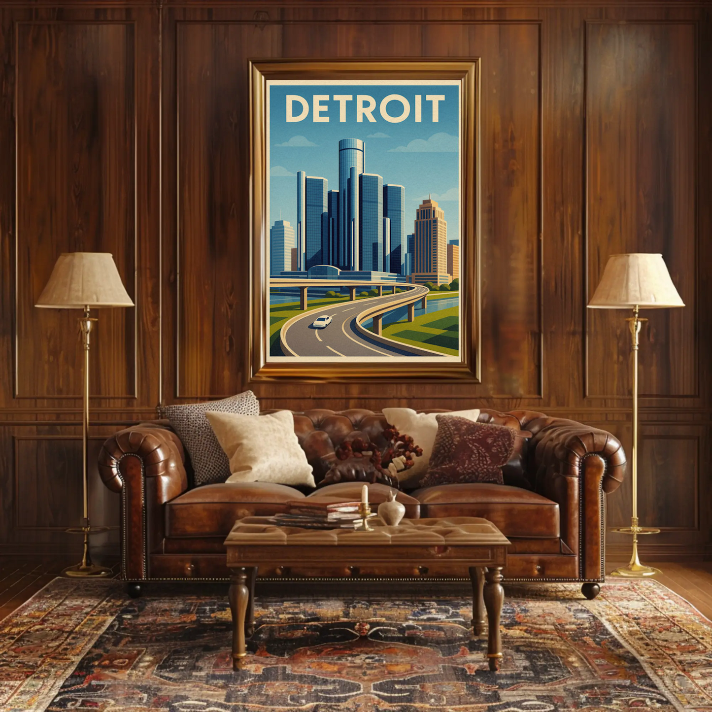 Detroit Highway View Modern Skyline Travel Poster