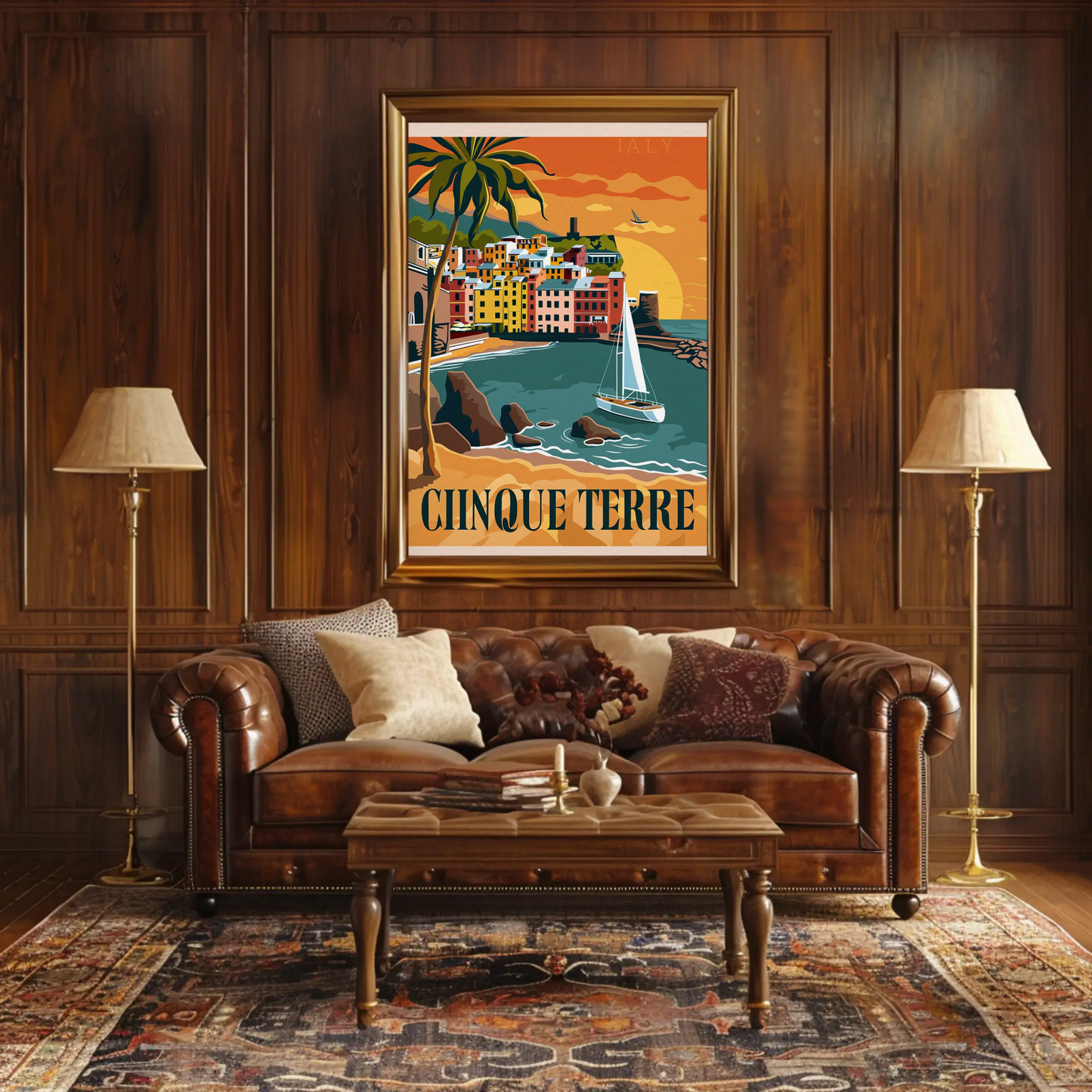Cinque Terre Italy Vibrant Sunset Harbor Travel Poster