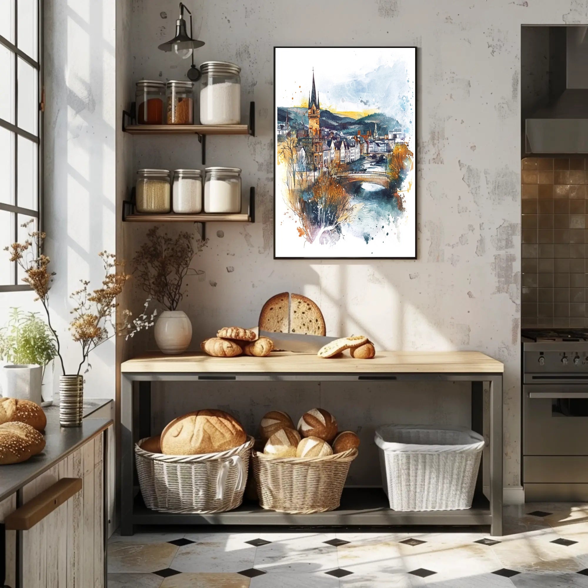 Enchanting Riverside Town Poster PosterGoat