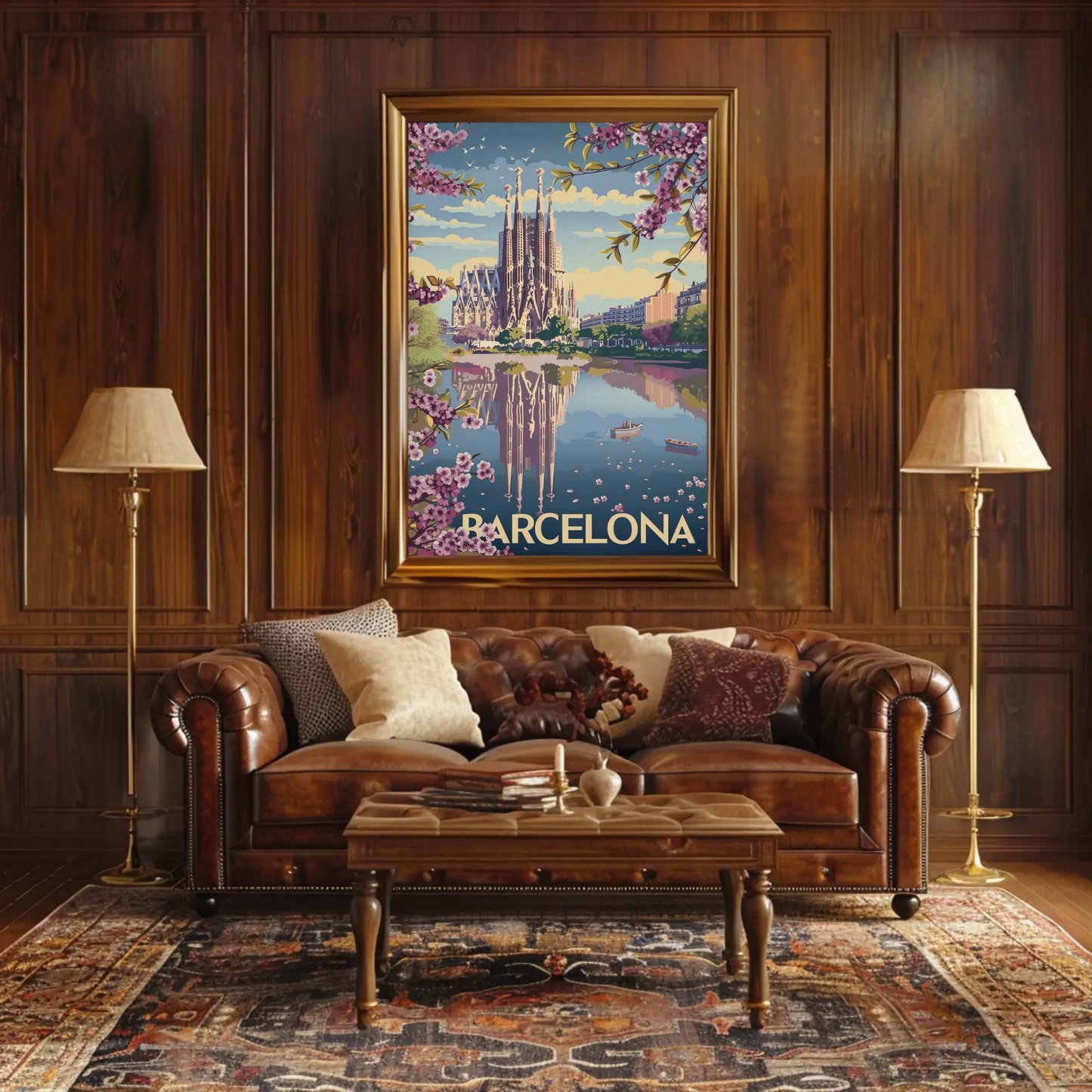 Barcelona Spain Blossoms and Cathedral Travel Poster