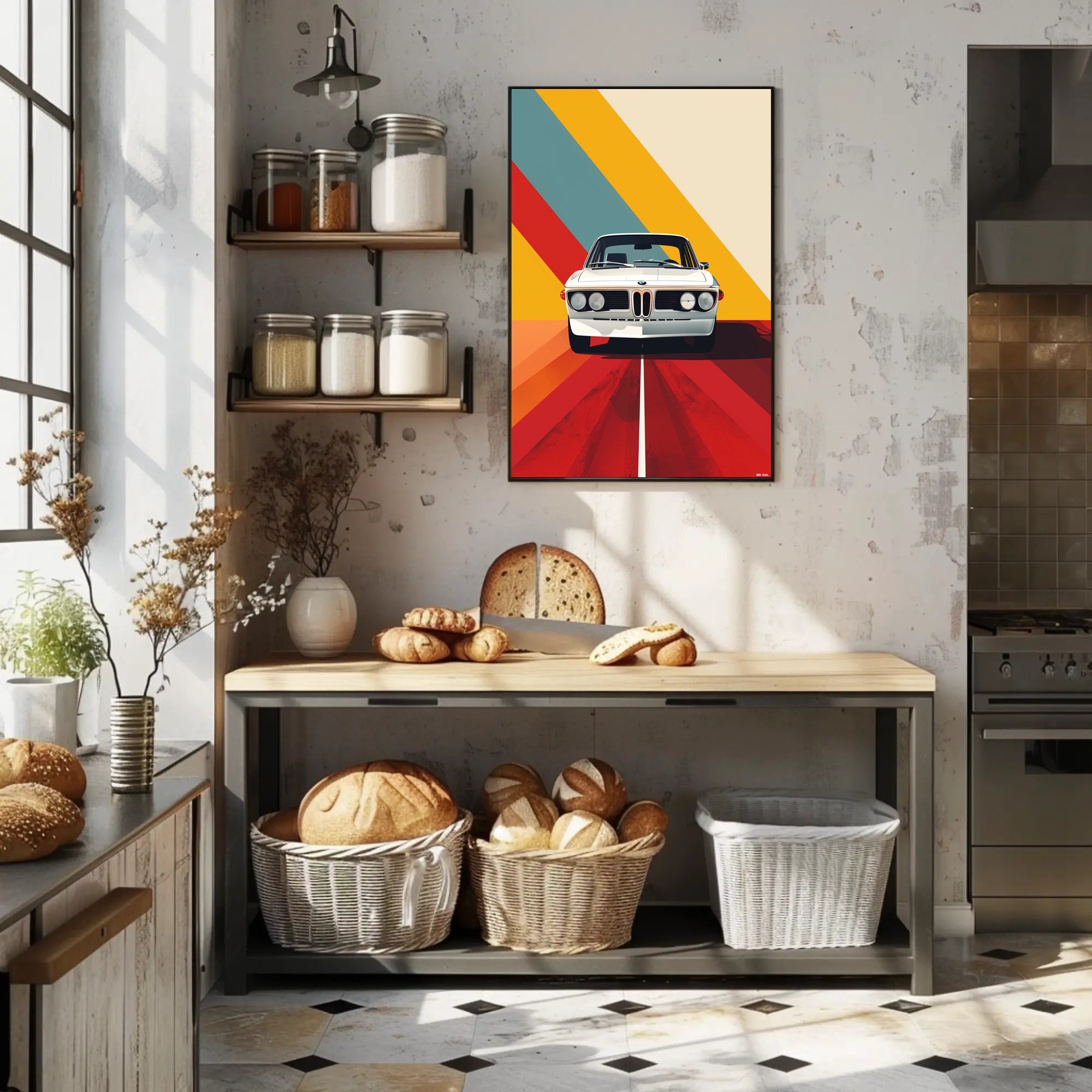 Classic White Car Adventure Vibrant Abstract or Artistic Poster PosterGoat