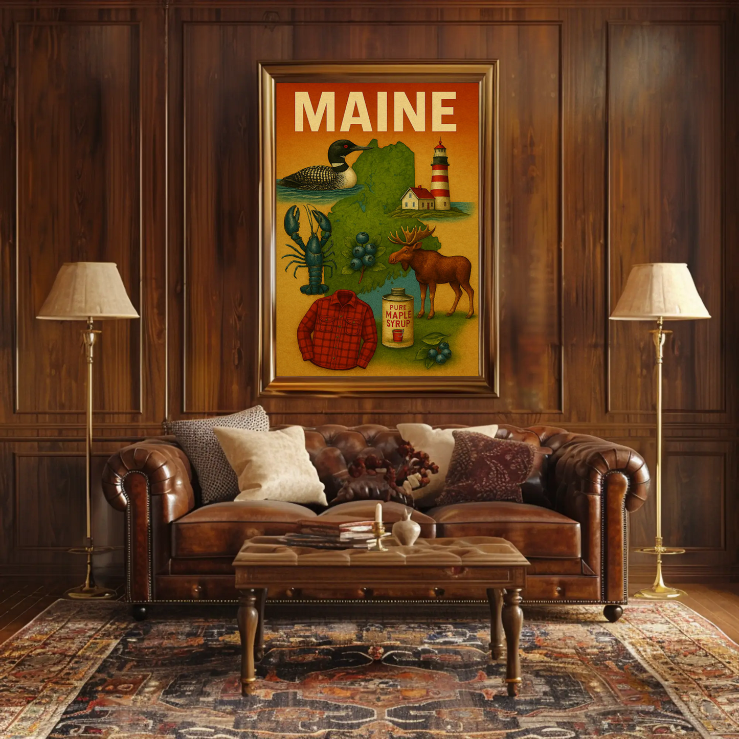 Maine State Symbols Moose Maple Lighthouse Poster