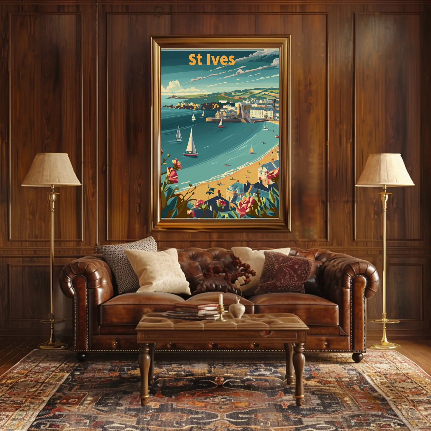 St Ives Cornwall Coastline Sailboats Flowers Travel Poster