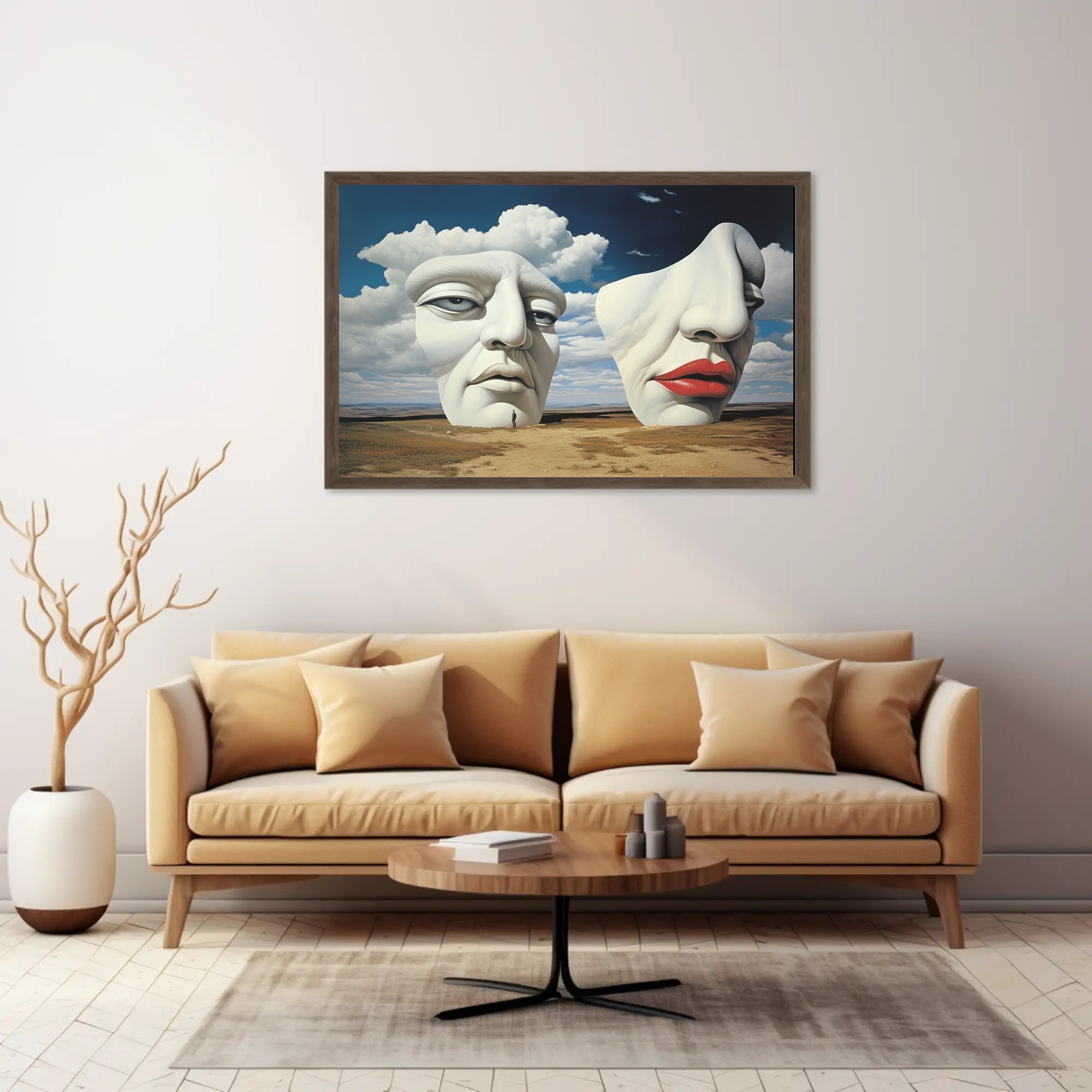 Surreal Sculpted Faces in Desert Landscape Artistic Poster