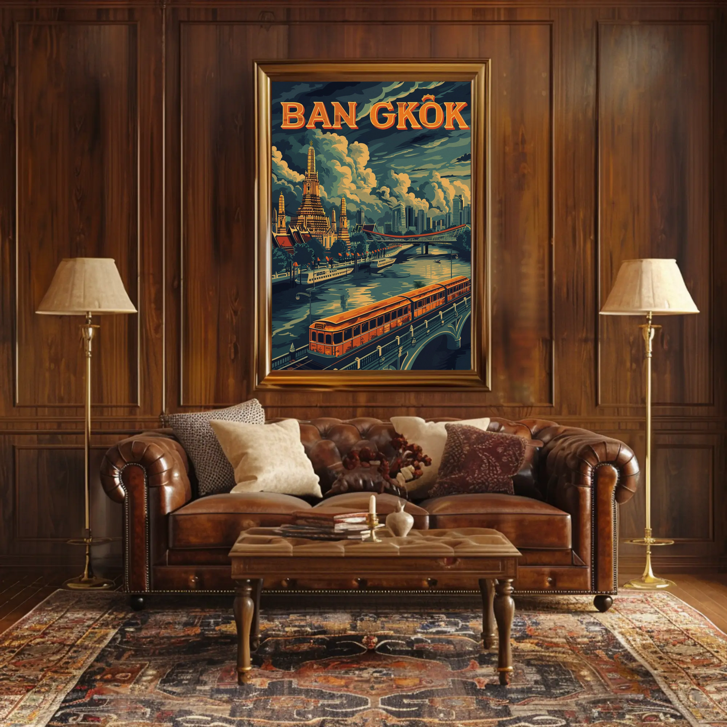 Bangkok Golden Temple River Train Skyline Scene Travel Poster