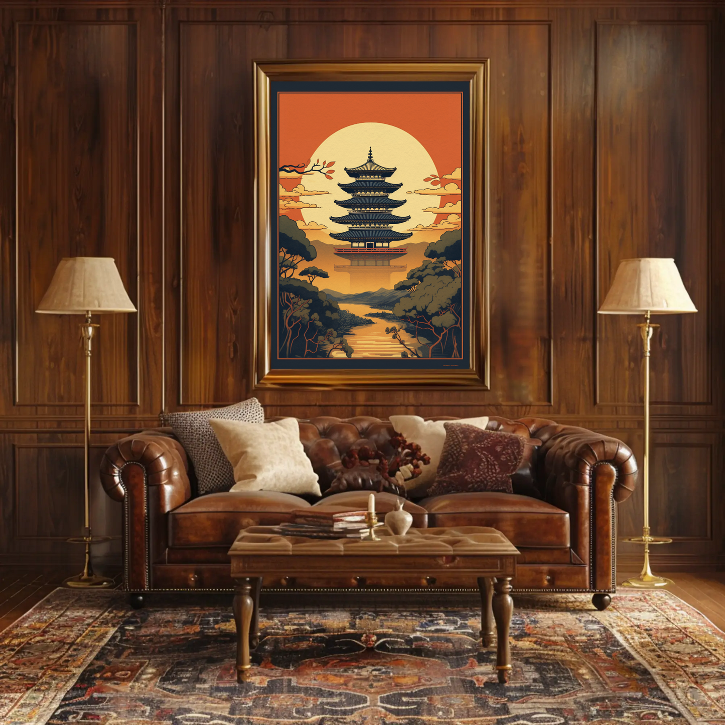 Japanese Temple Sunset Silhouette Travel Poster