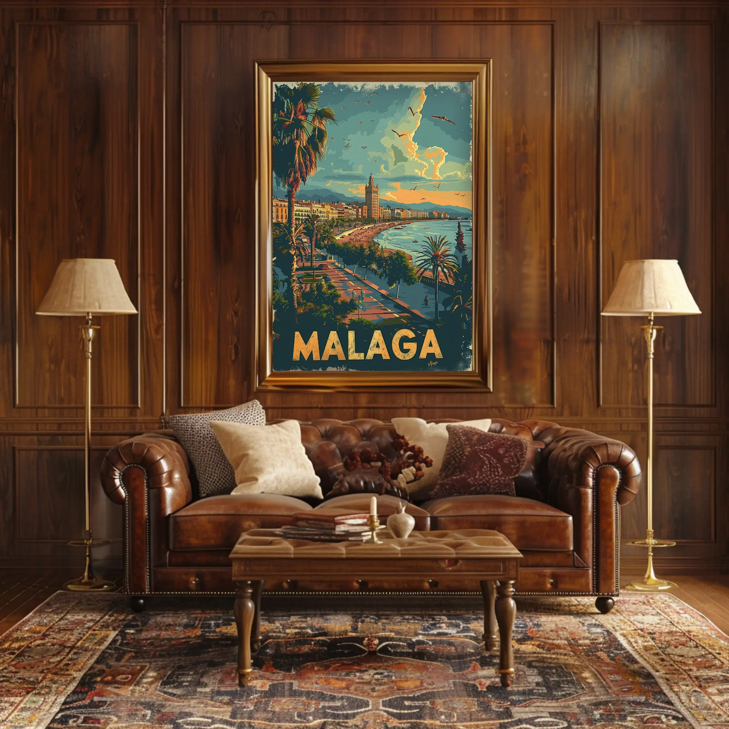 Malaga Sunset Beach Promenade Travel Poster