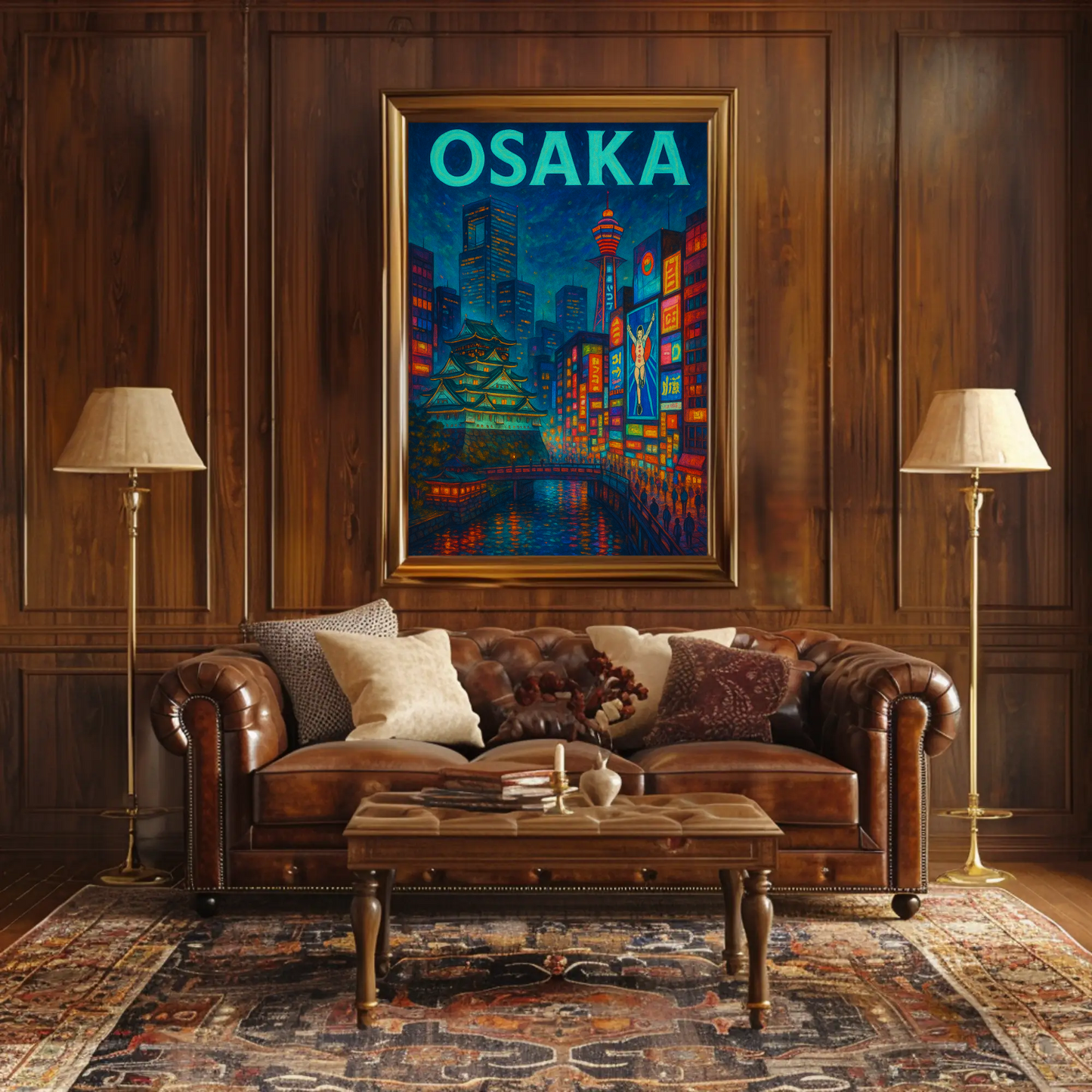 Osaka Neon and Castle Night Travel Poster