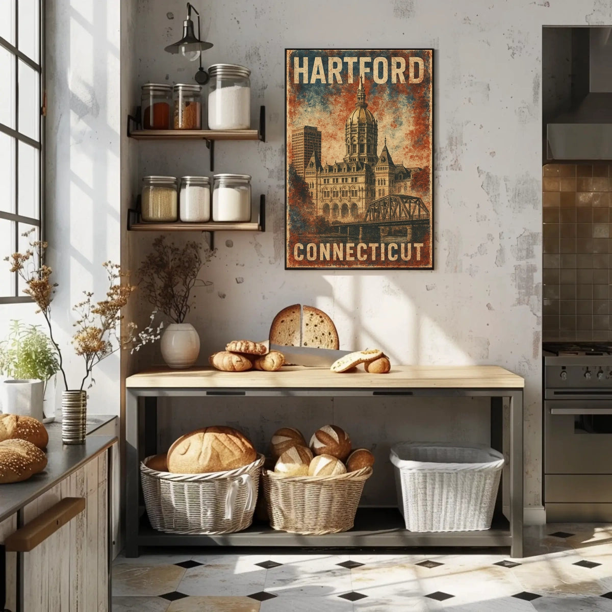 Hartford Connecticut Vintage Architectural Travel Art Deco Retro Eighties Historic Capitol Skyline Civic Pride Poster